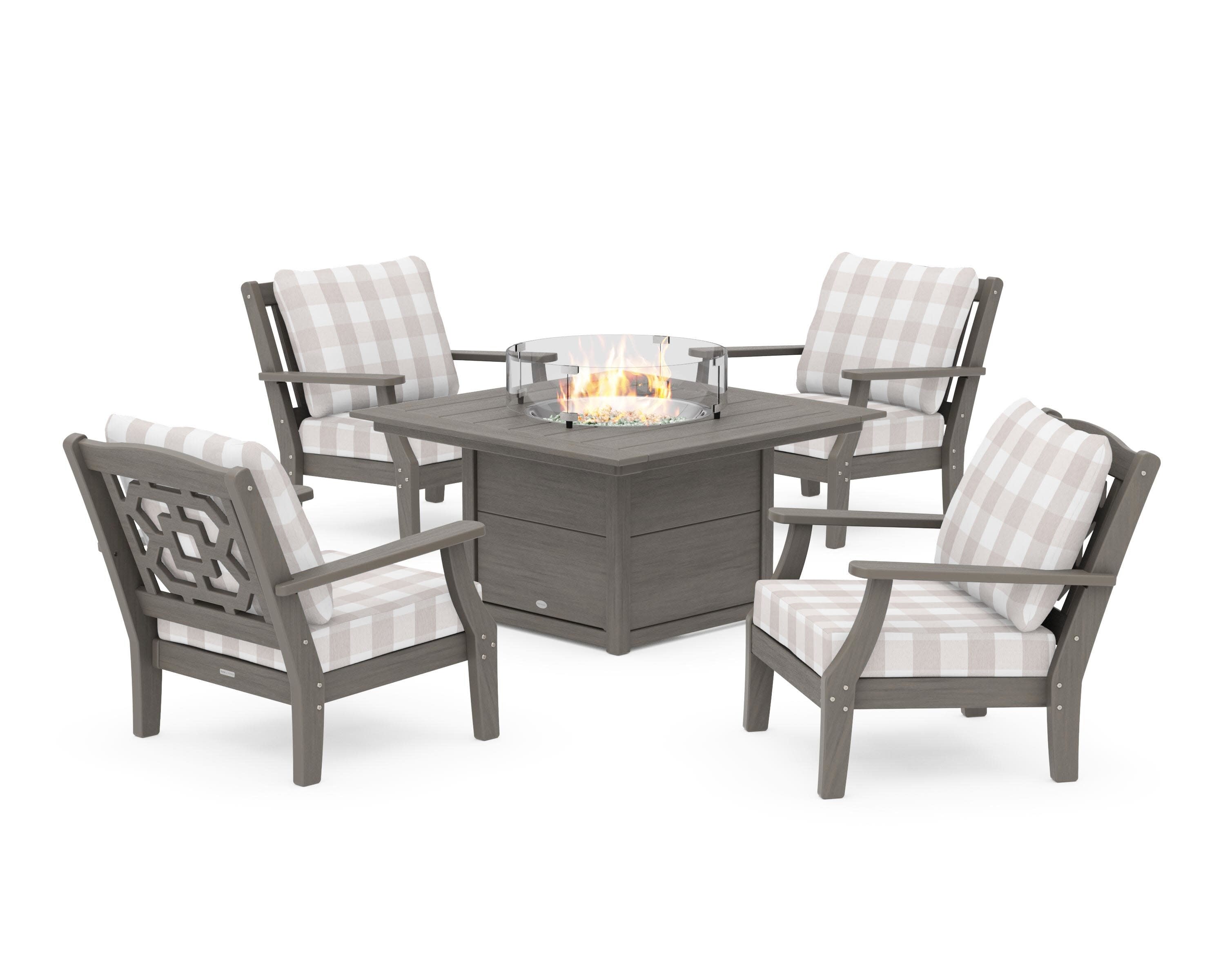 Chinoiserie 5-Piece Deep Seating Set with Fire Pit Table in Driftwood / Buffalo Plaid Dune Burlap
