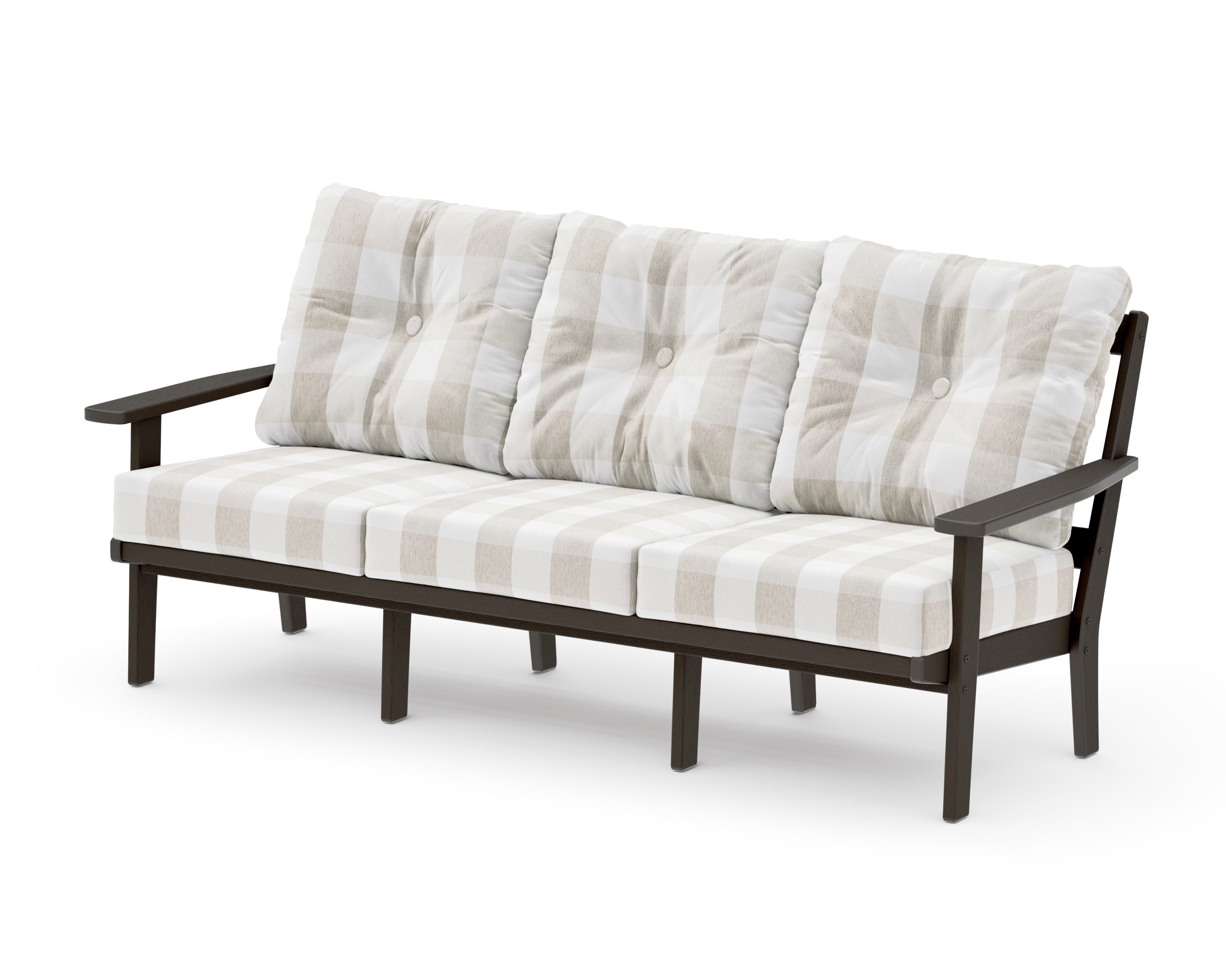 PrairieDeep Seating Sofa in Vintage Coffee / Buffalo Plaid Dune Burlap