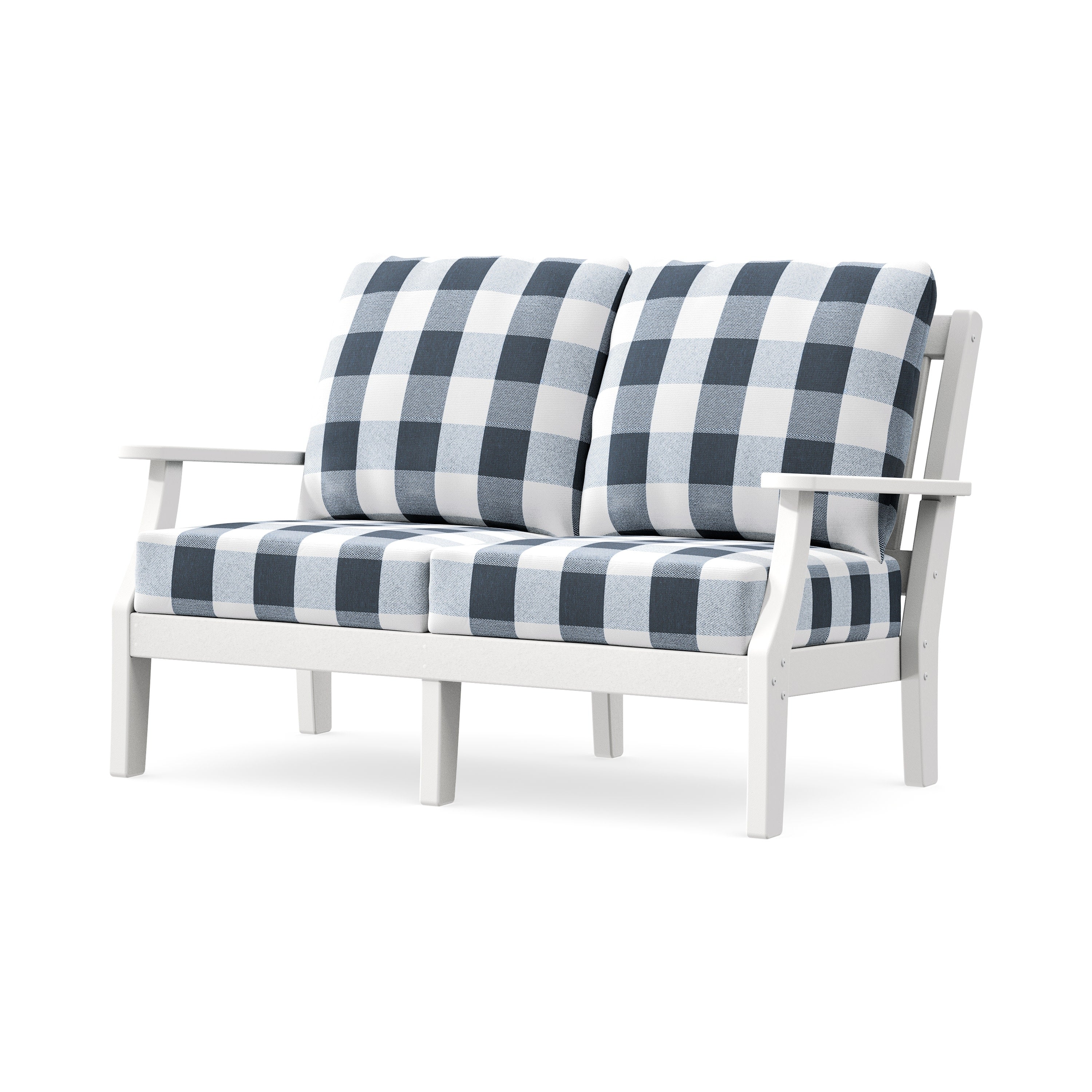 Chinoiserie Deep Seating Loveseat in White / Buffalo Plaid Marine Indigo