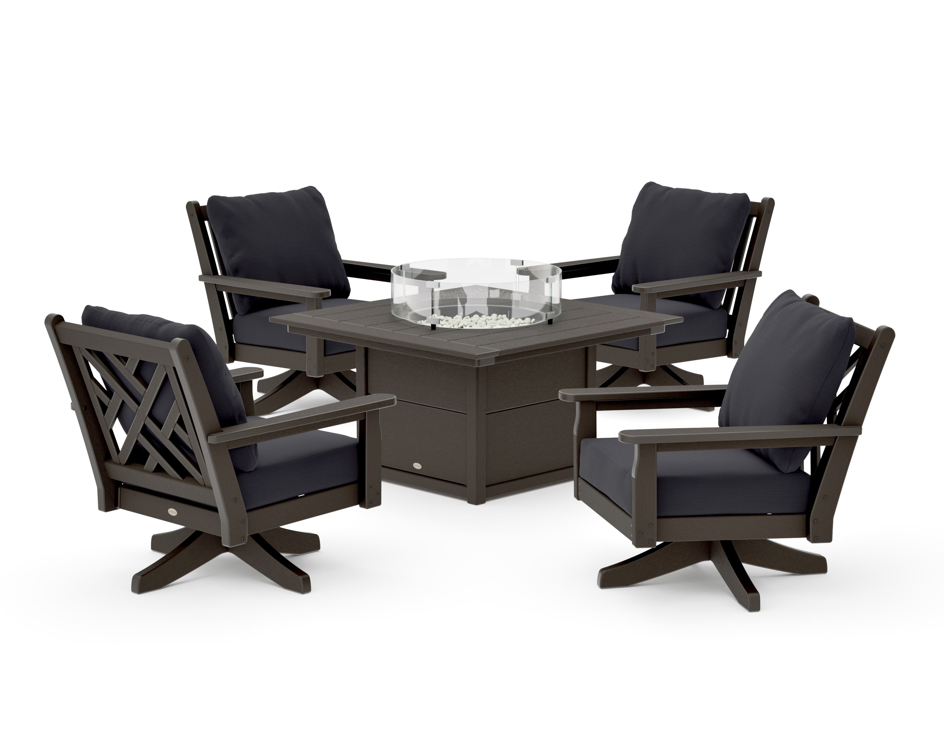 Chippendale 5-Piece Deep Seating Swivel Conversation Set with Fire Pit Table in Vintage Coffee / Midnight Linen