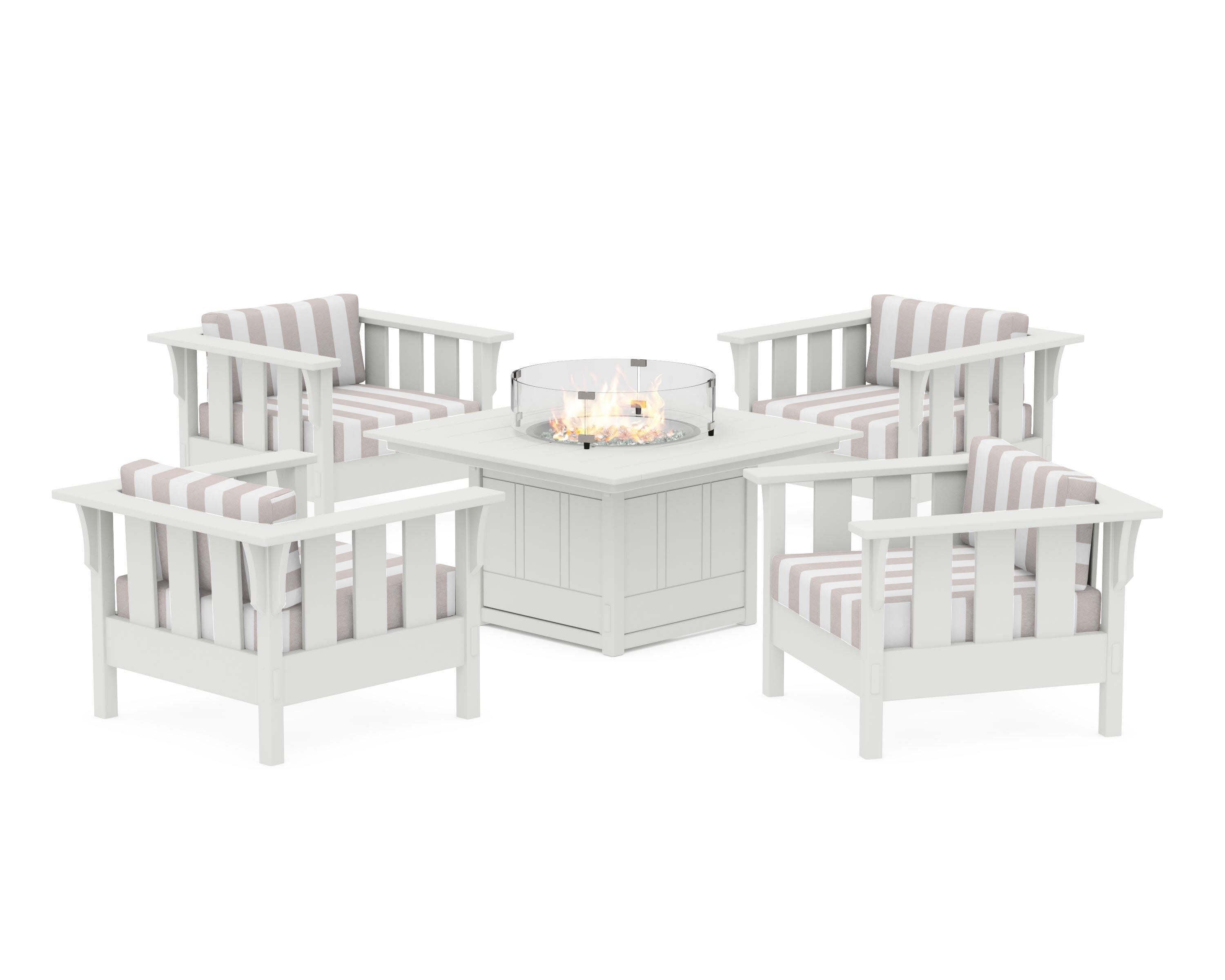 Acadia 5-Piece Deep Seating Set with Fire Pit Table in Vintage White / Cabana Stripe Dune Burlap