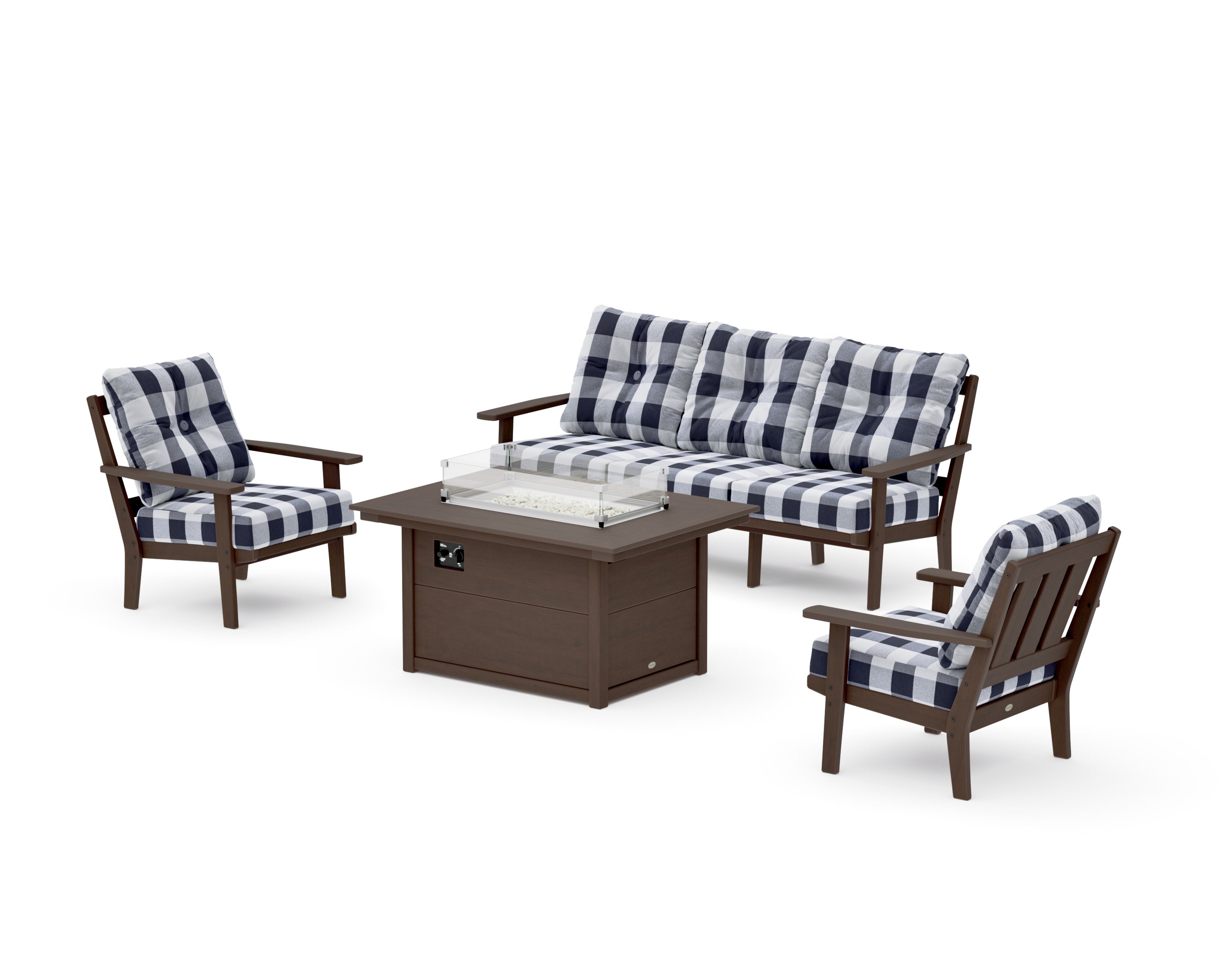 Oxford Deep Seating Fire Pit Table Set in Kona / Buffalo Plaid Navy