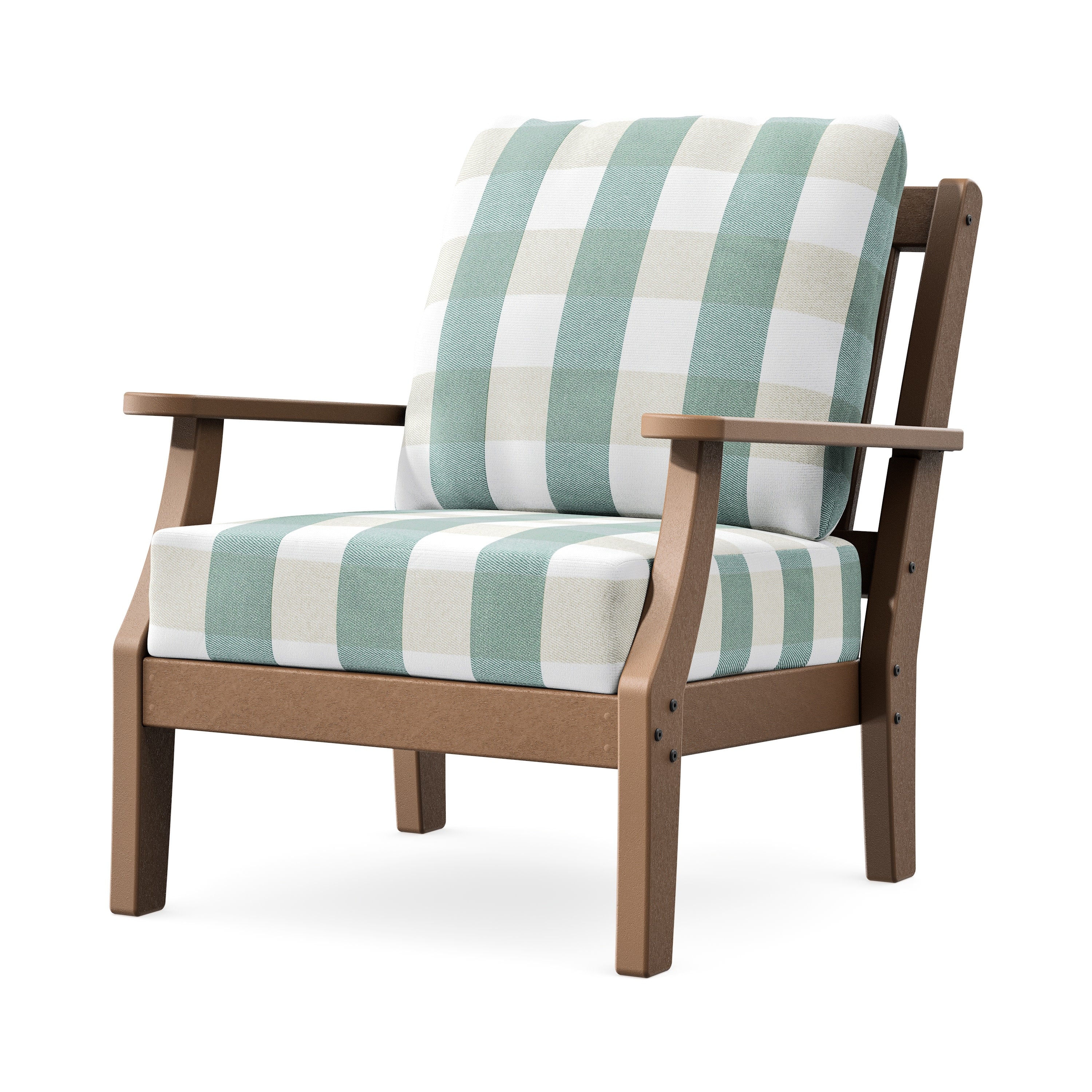 Chinoiserie Deep Seating Chair in Teak / Buffalo Plaid Glacier Spa
