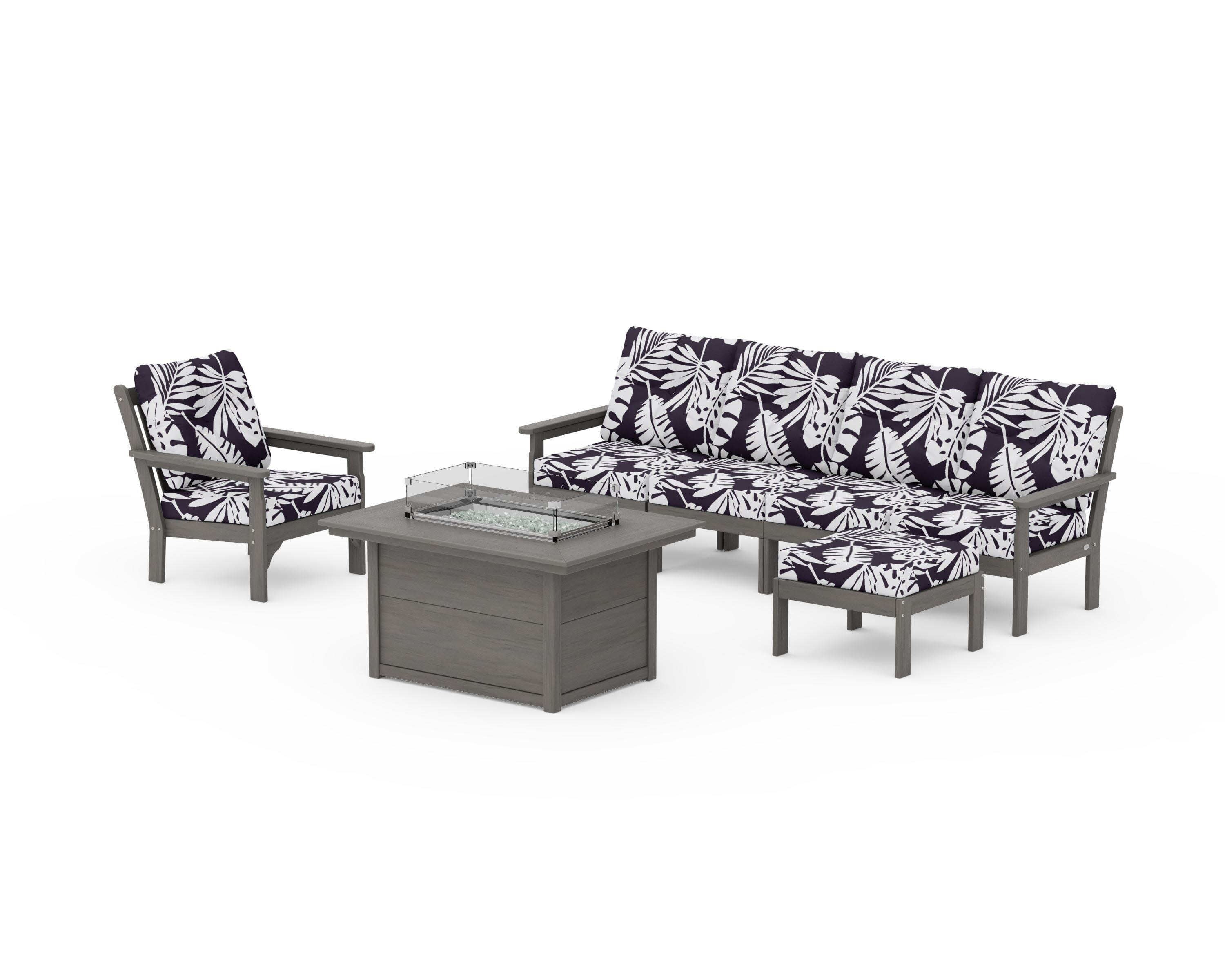Vineyard Sectional Lounge and Fire Pit Set in Driftwood / Leaf Navy
