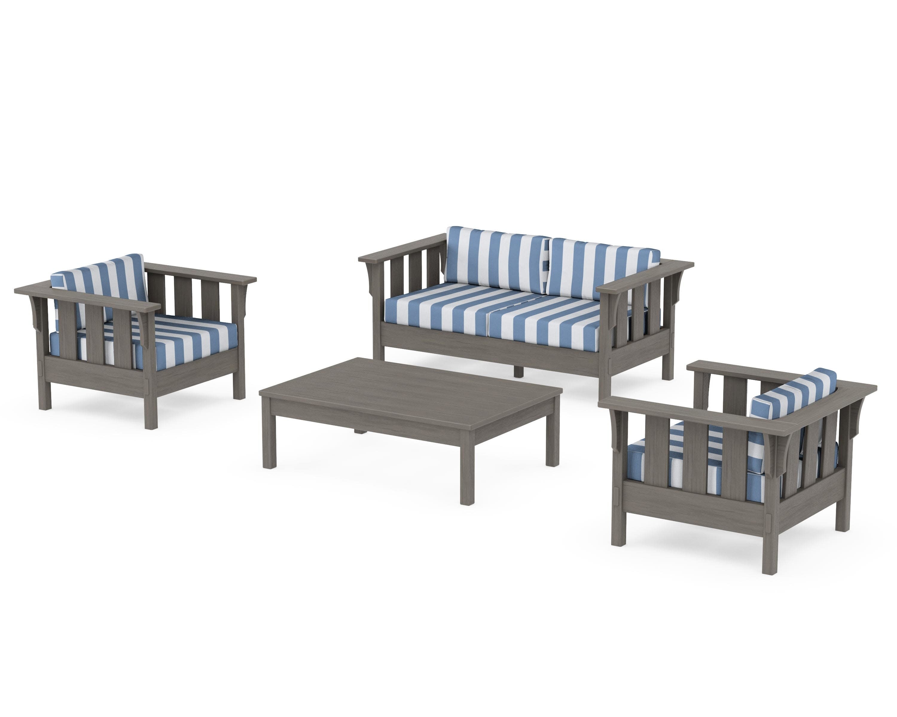 Acadia 4-Piece Deep Seating Set with Loveseat in Driftwood / Cabana Stripe Sky Blue