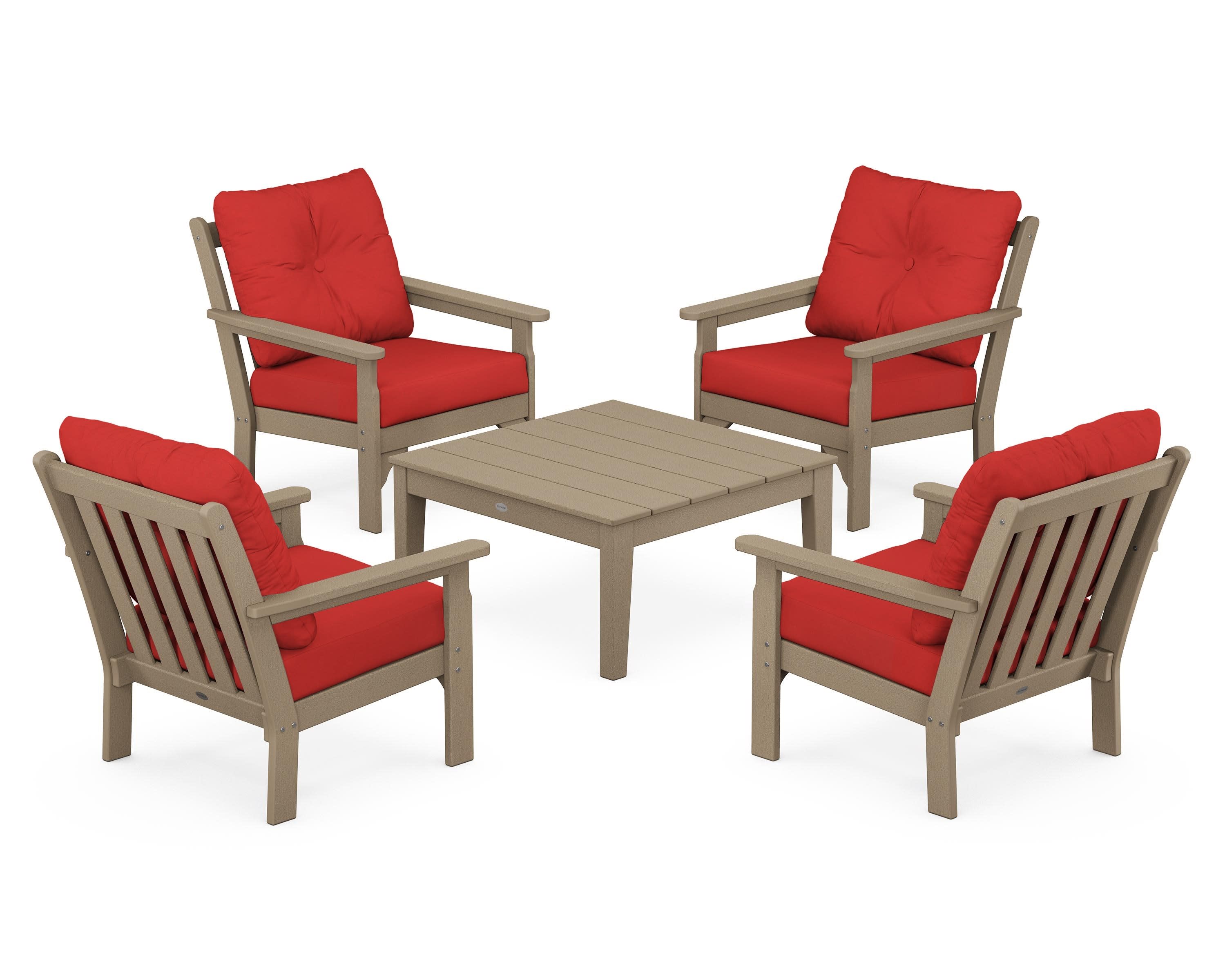 Vineyard 5-Piece Deep Seating Conversation Set in Vintage Sahara / Crimson Linen