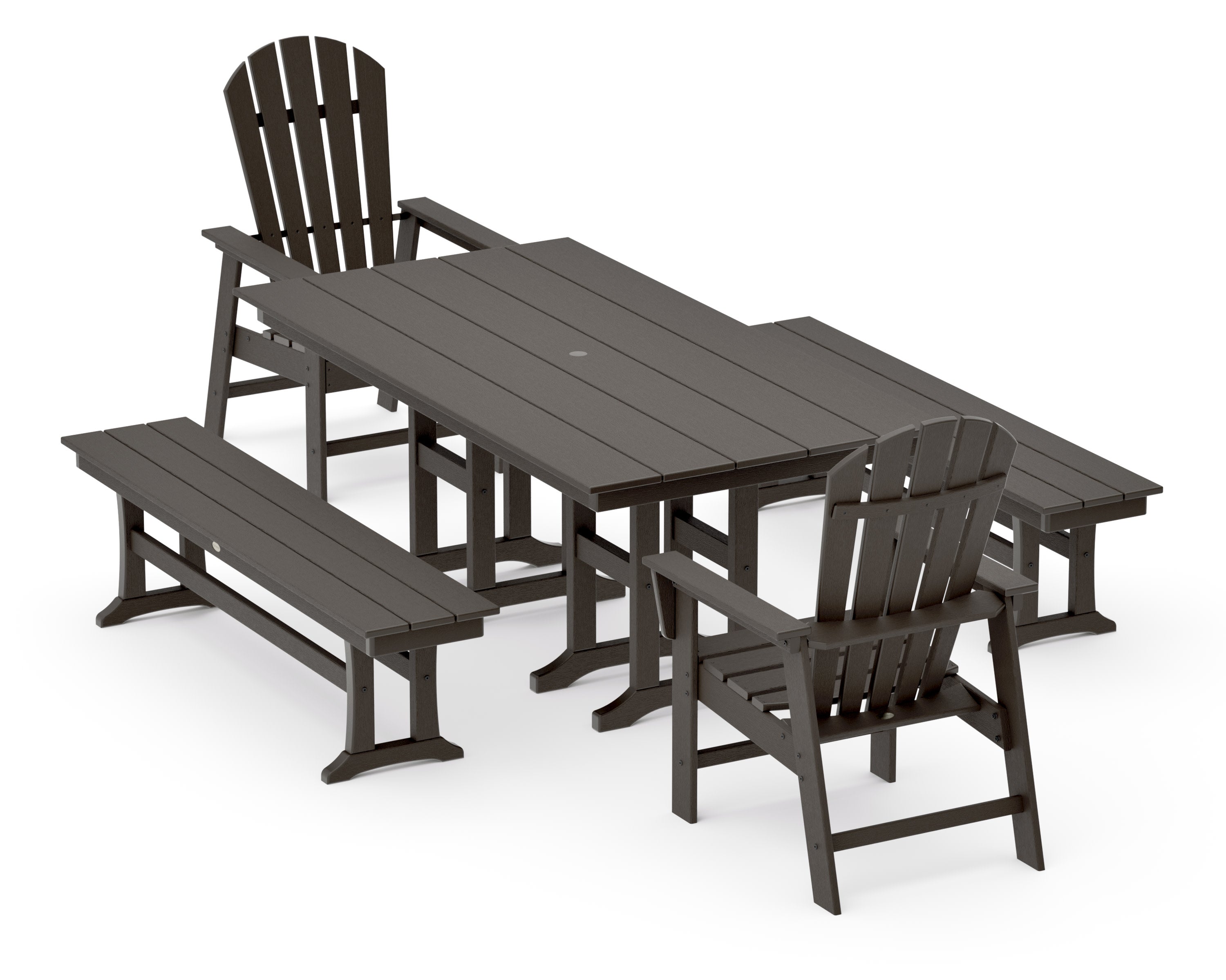 South Beach 5-Piece Farmhouse Dining Set with Benches in Vintage Coffee