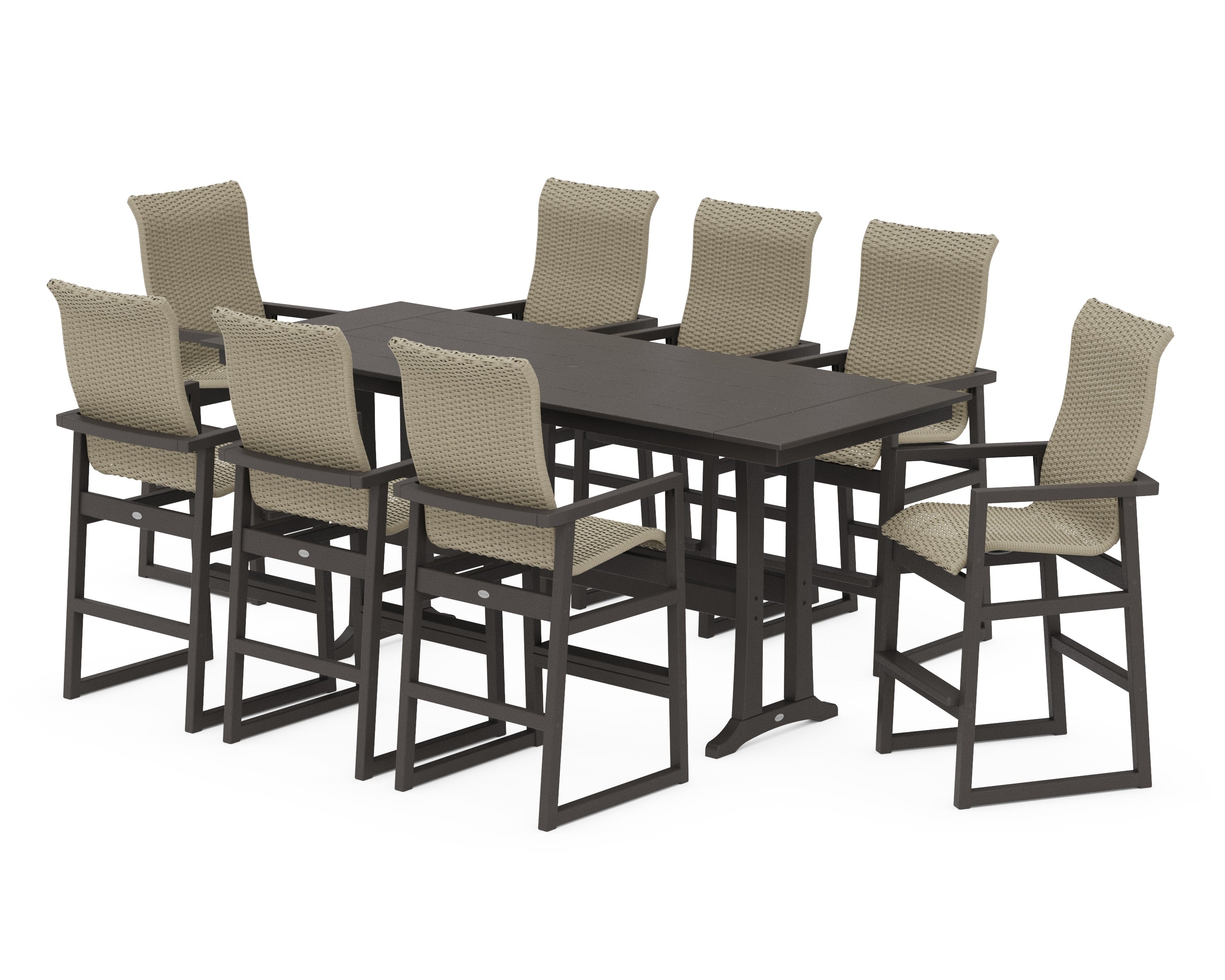 EDGE Woven Highback 9-Piece Farmhouse Bar Set with Trestle Legs in Vintage Coffee / Dune Grass
