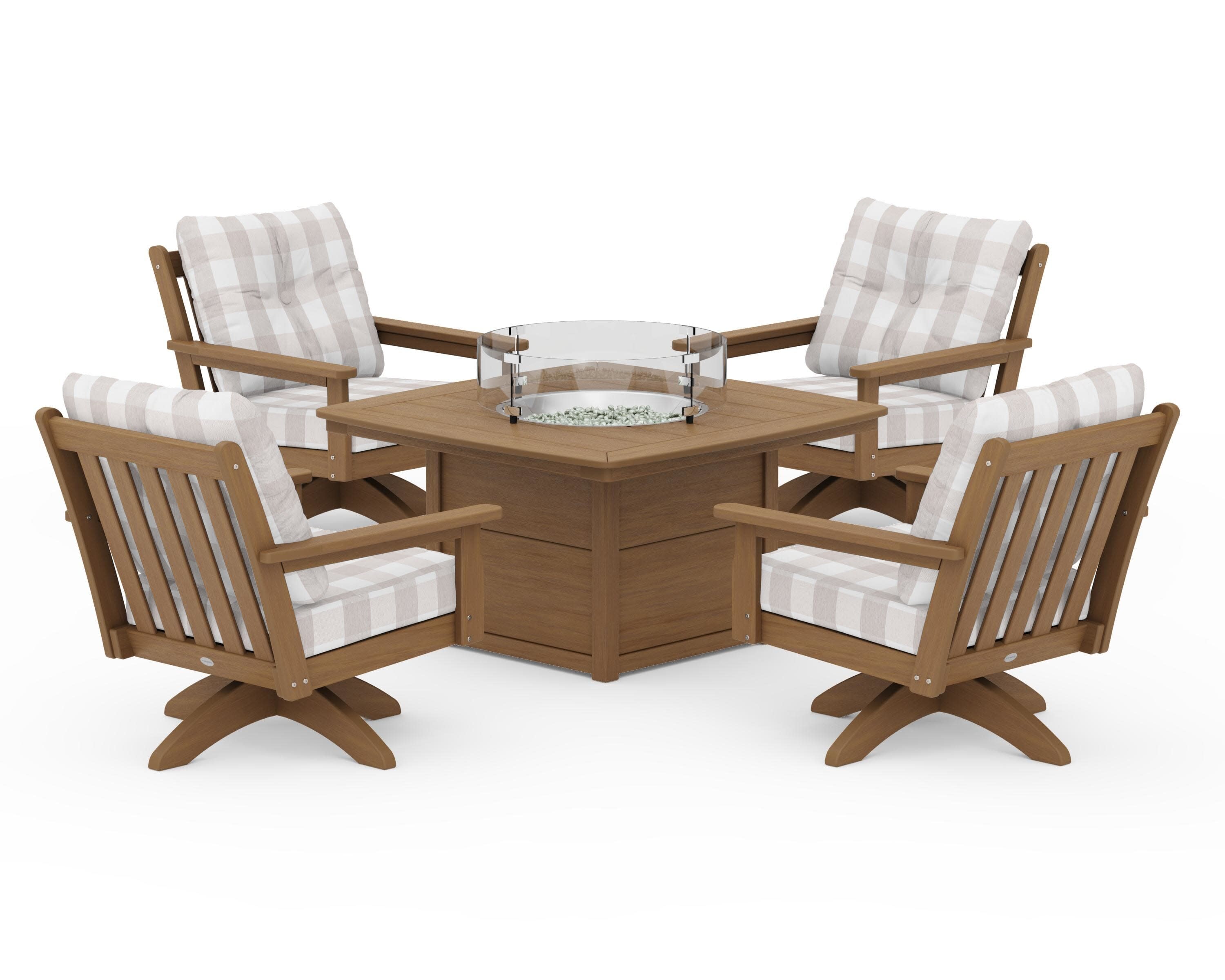 Vineyard 5-Piece Deep Seating Swivel Conversation Set with Fire Pit Table in Natural / Buffalo Plaid Dune Burlap