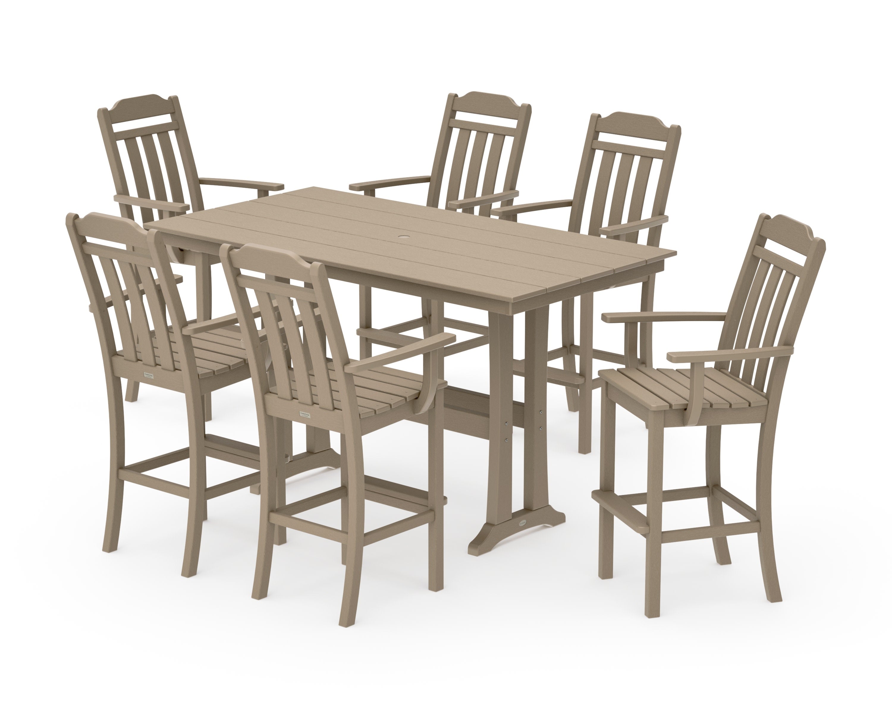 Cottage Arm Chair 7-Piece Farmhouse Bar Set with Trestle Legs in Vintage Sahara