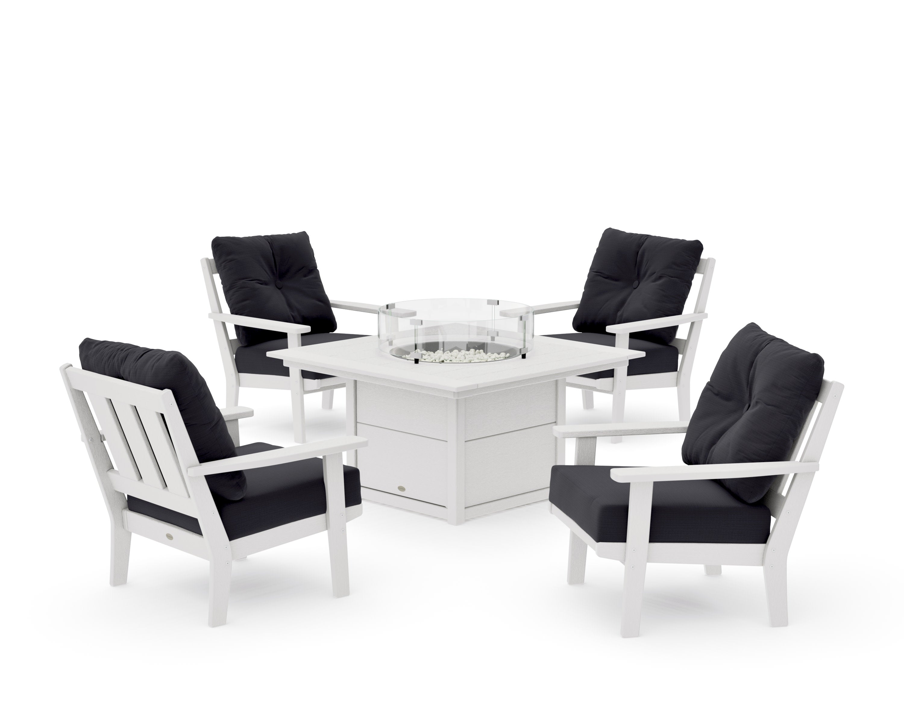 Oxford 5-Piece Deep Seating Set with Fire Pit Table in Vintage White / Midnight Linen