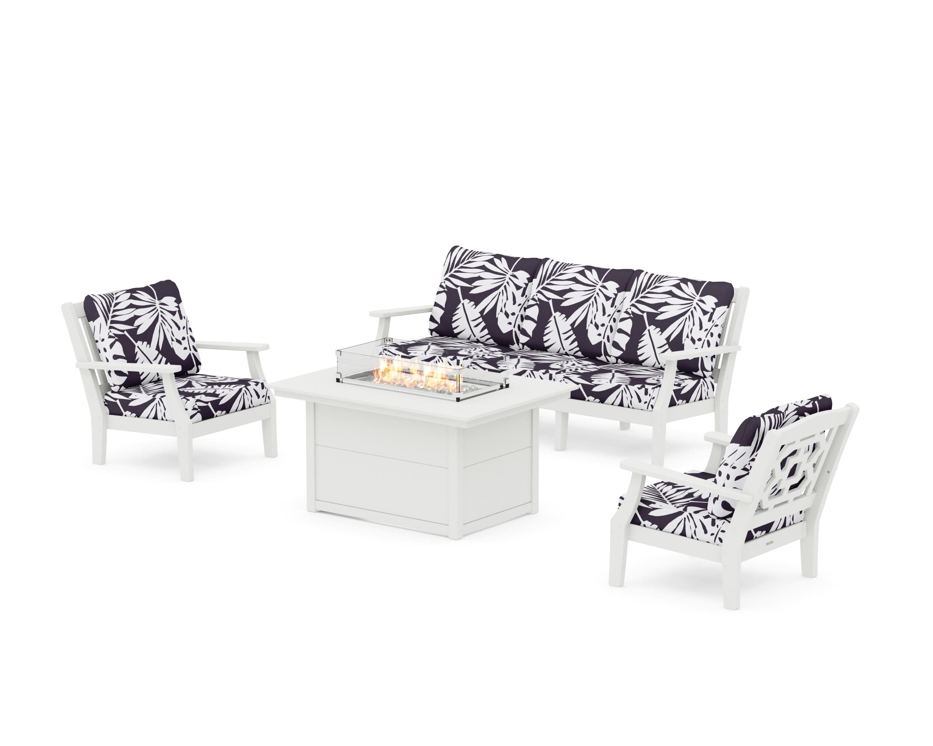 Chinoiserie Deep Seating Fire Pit Table Set in Vintage White / Leaf Navy