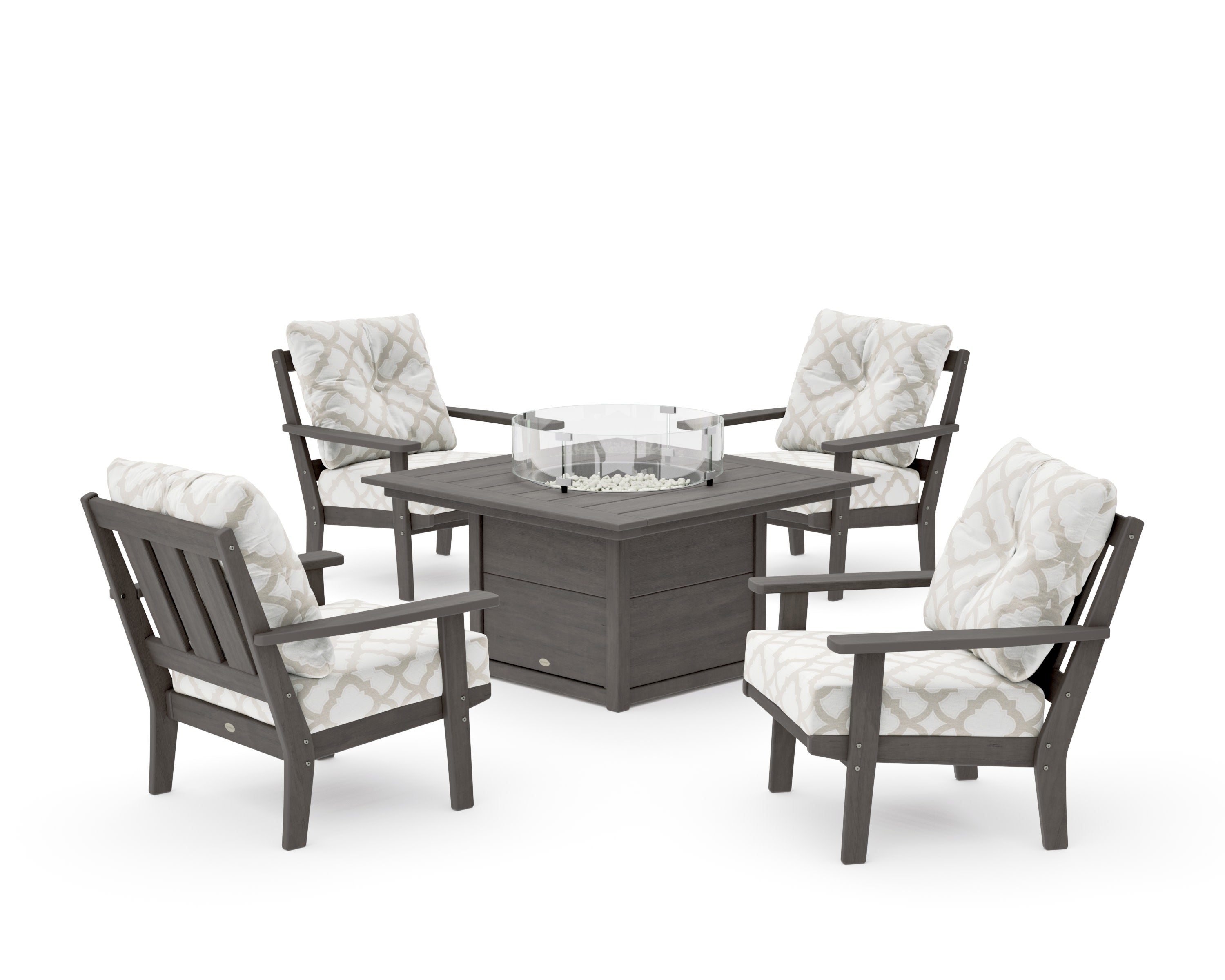 Oxford 5-Piece Deep Seating Set with Fire Pit Table in Driftwood / Trellis Dune Burlap