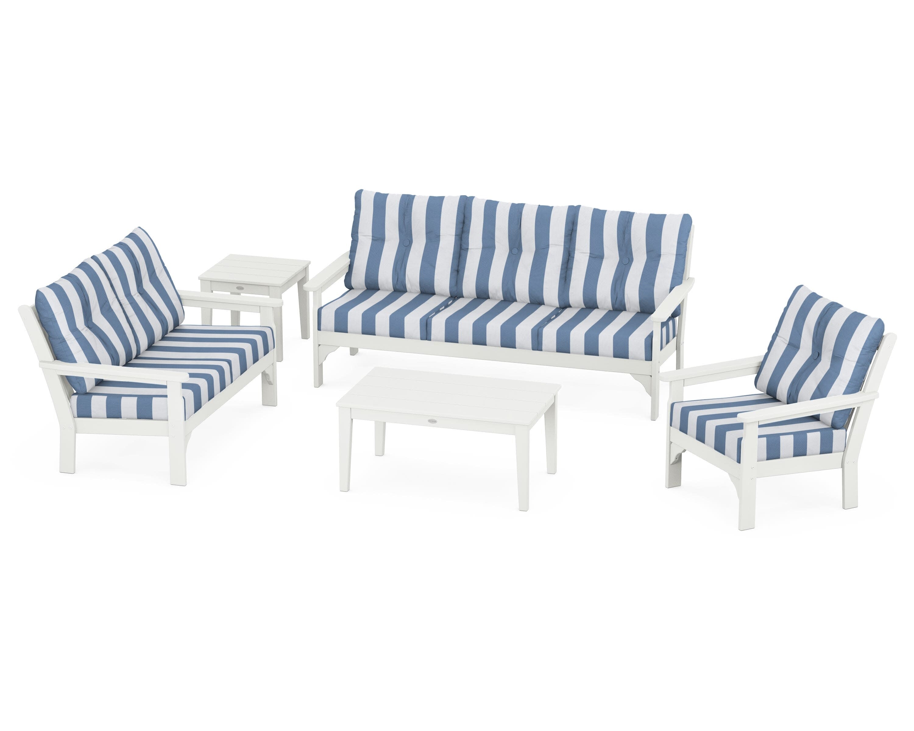 Vineyard 5 Piece Deep Seating Set in Vintage White / Cabana Stripe Sky Blue