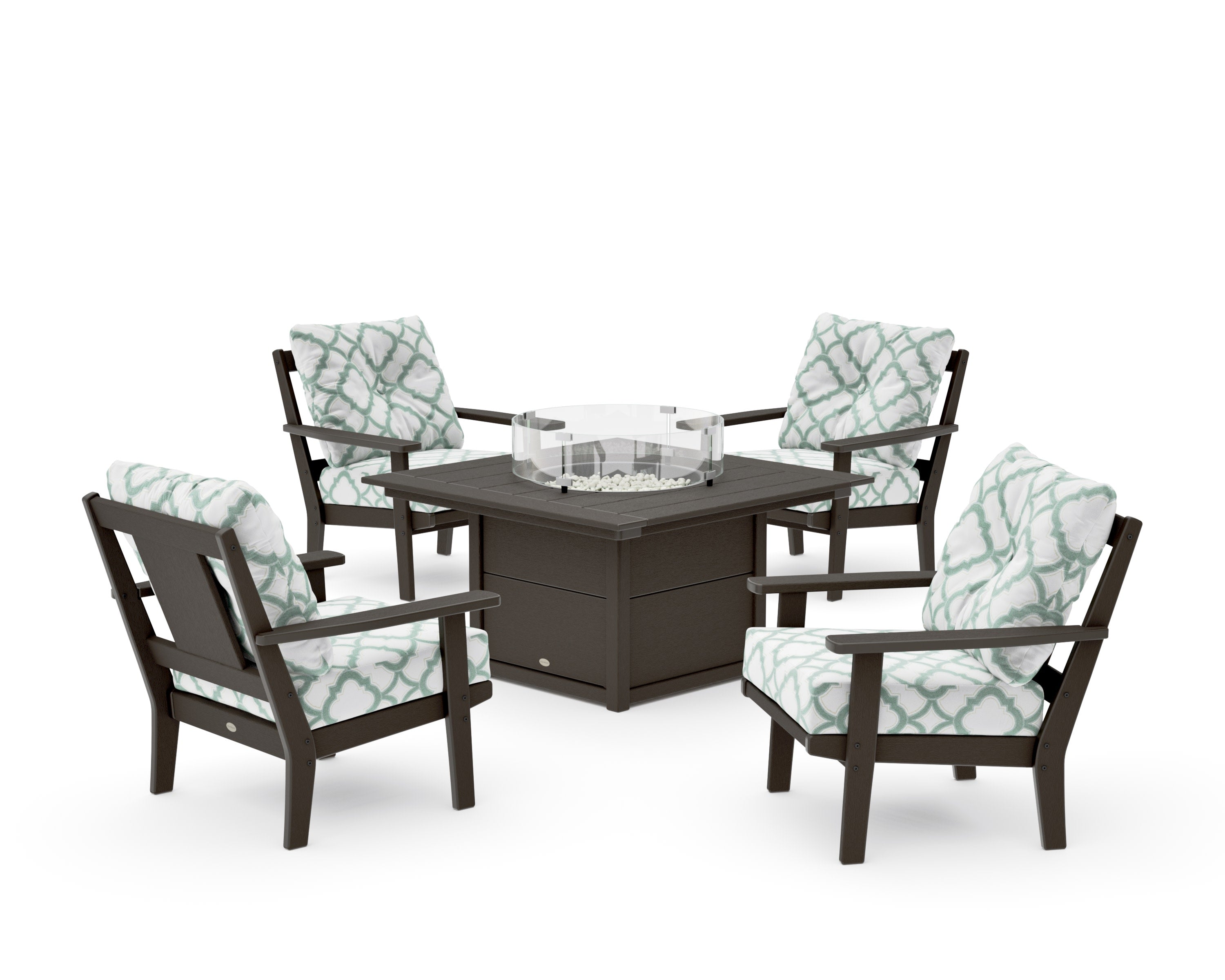 Prairie 5-Piece Deep Seating Set with Fire Pit Table in Vintage Coffee / Trellis Glacier Spa