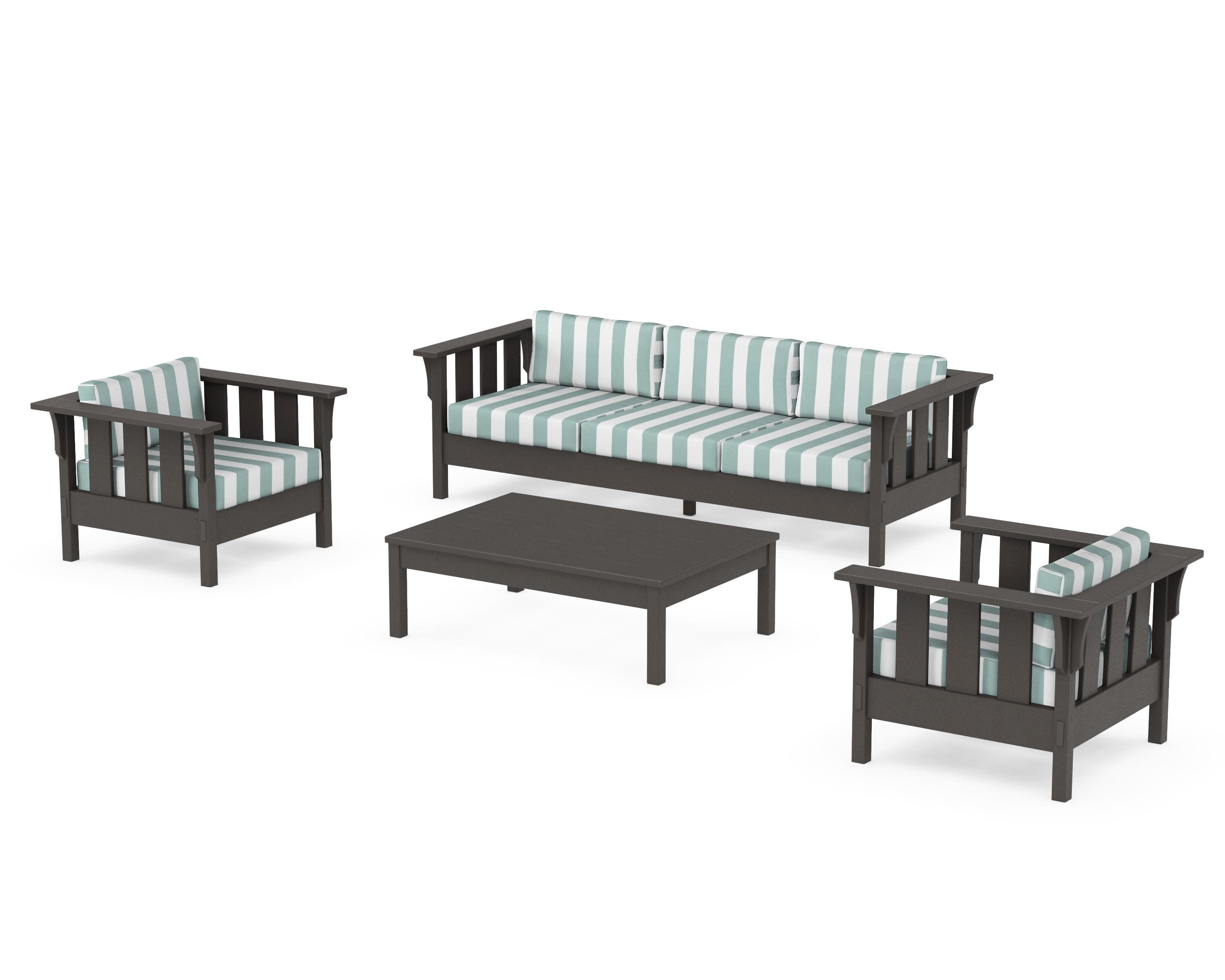 Acadia 4-Piece Deep Seating Set with Sofa in Vintage Coffee / Cabana Stripe Glacier Spa