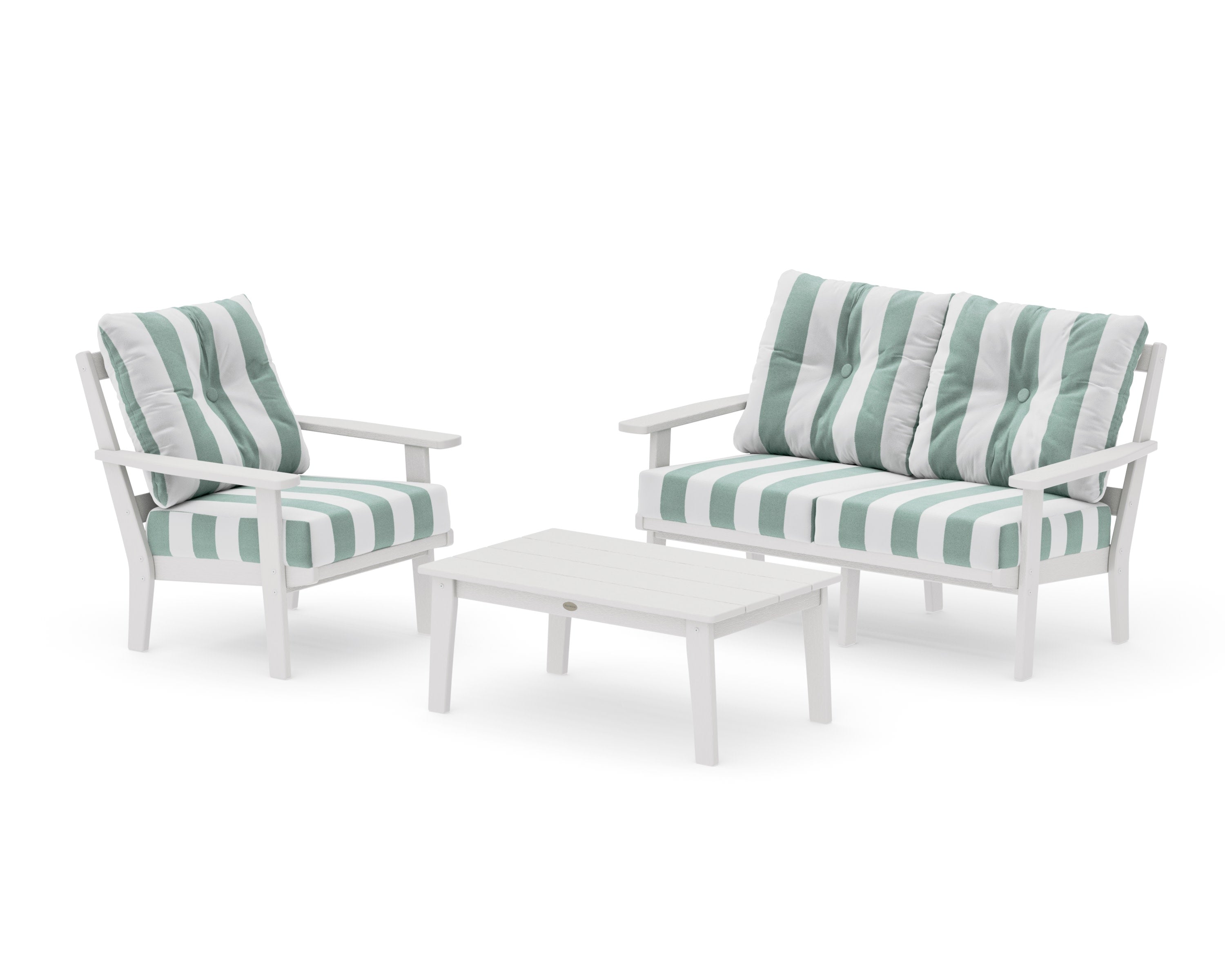 Oxford 3-Piece Deep Seating Set with Loveseat in Vintage White / Cabana Stripe Glacier Spa
