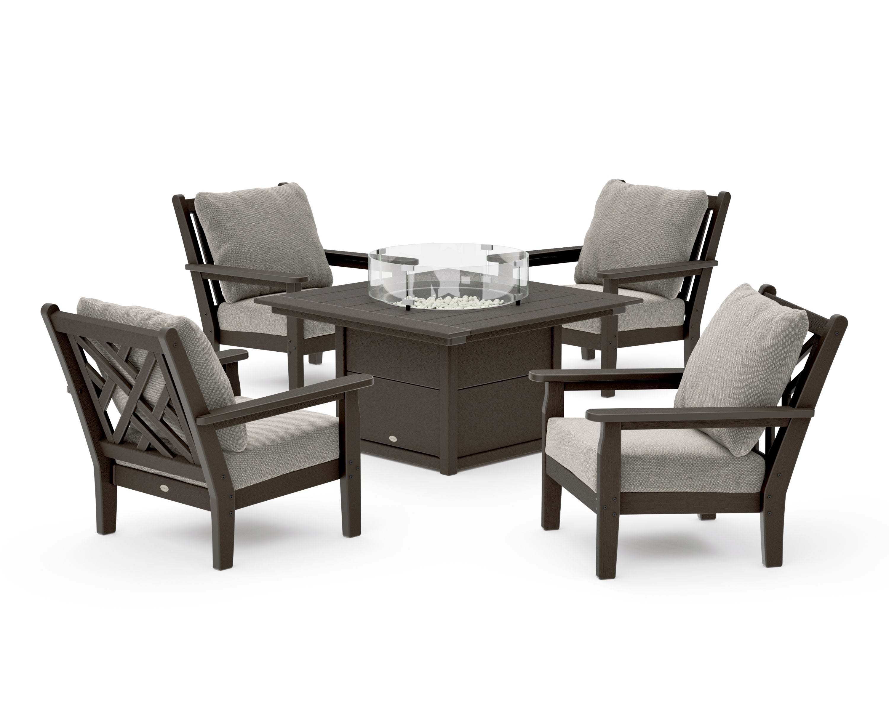 Chippendale 5-Piece Deep Seating Set with Fire Pit Table in Vintage Coffee / Weathered Tweed