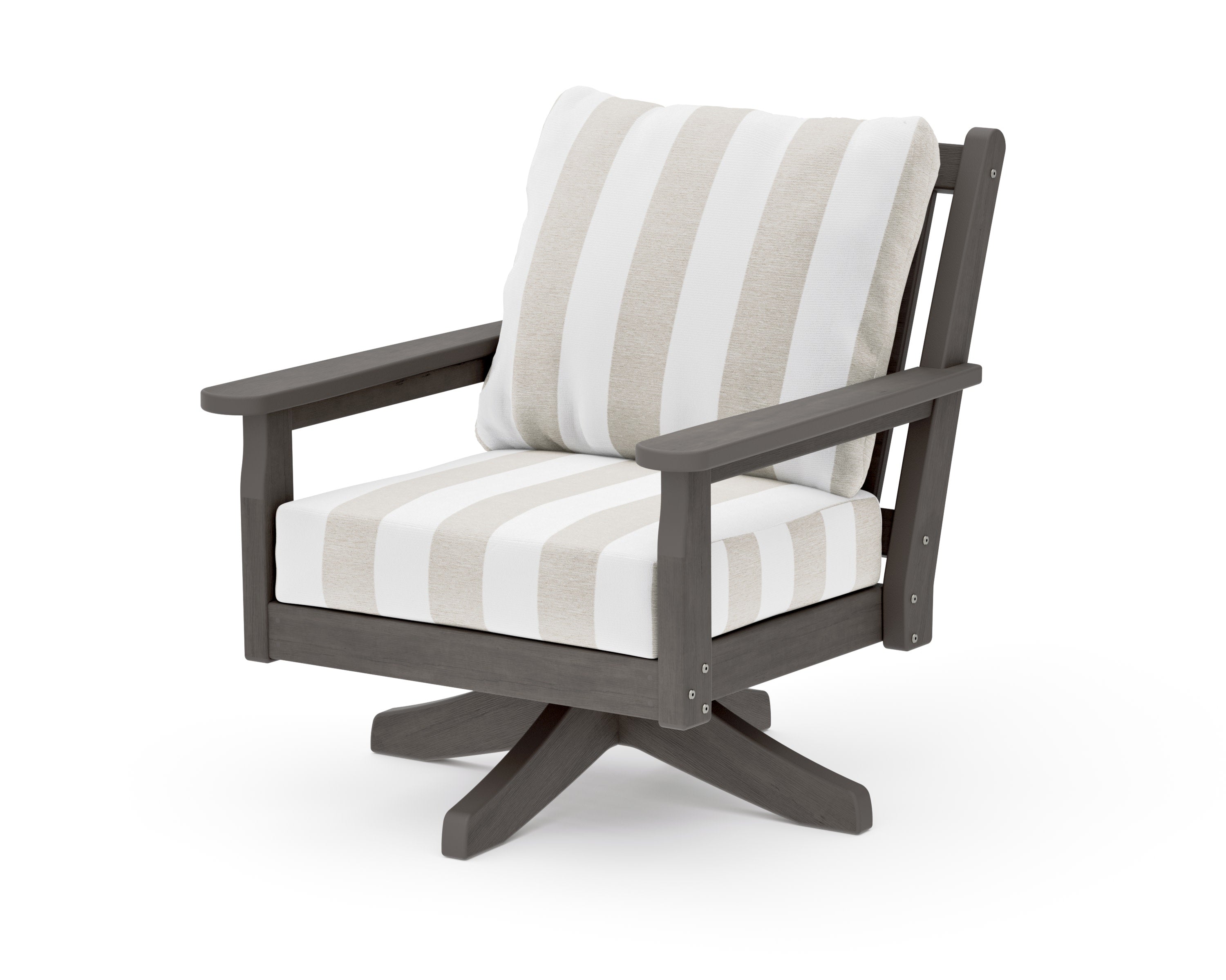 Chippendale Deep Seating Swivel Chair in Driftwood / Cabana Stripe Dune Burlap