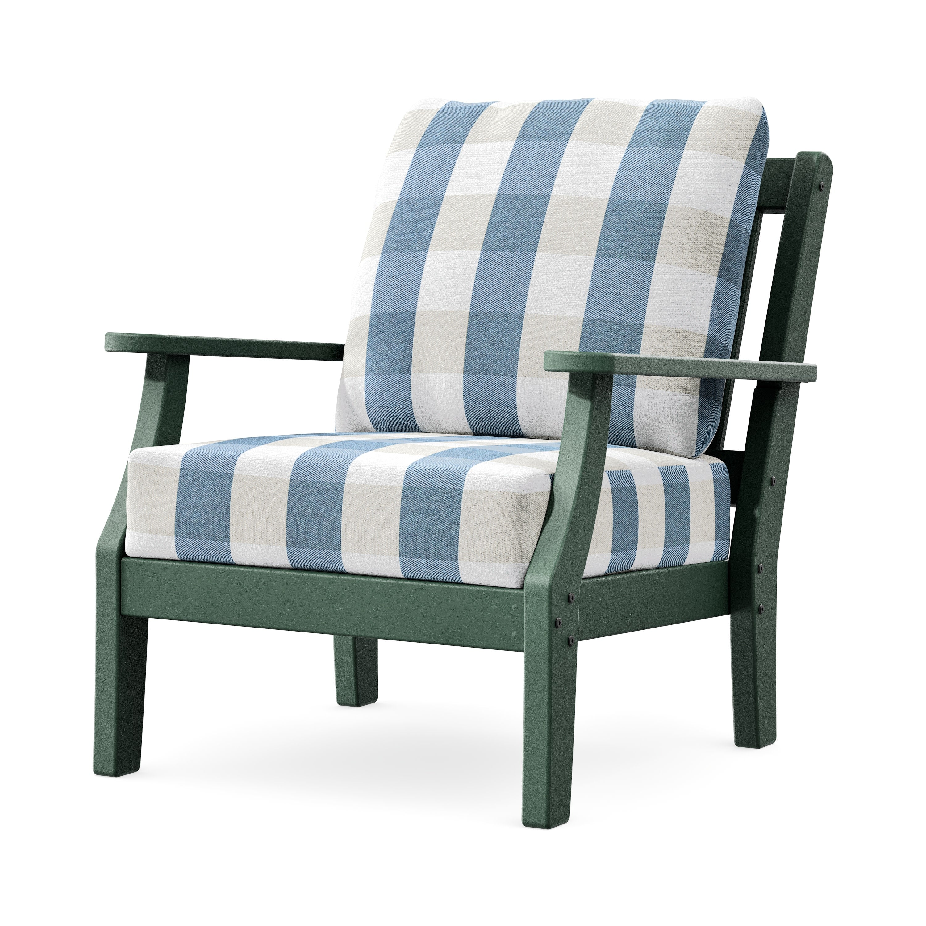 Chinoiserie Deep Seating Chair in Green / Buffalo Plaid Sky Blue