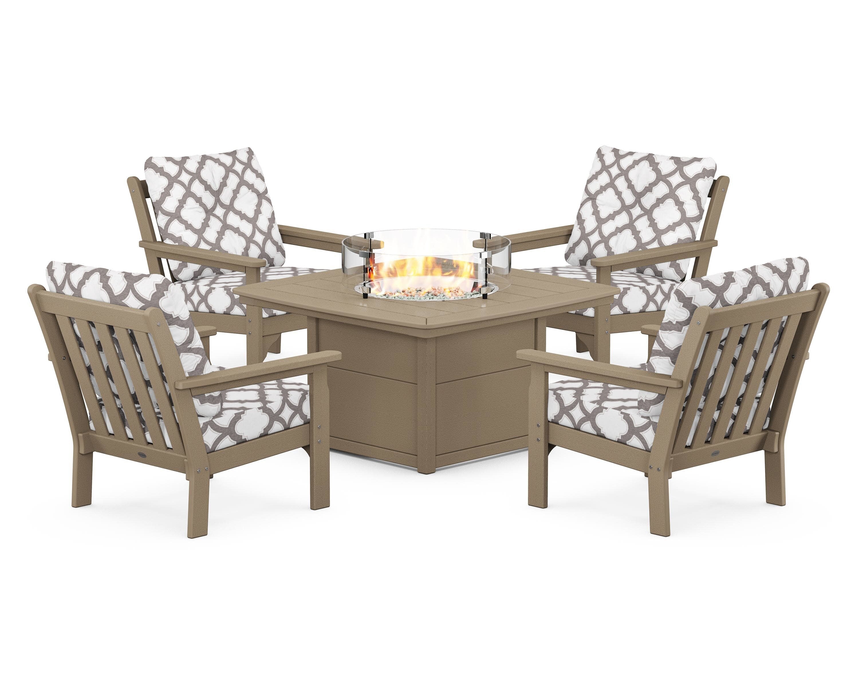 Vineyard 5-Piece Conversation Set with Fire Pit Table in Vintage Sahara / Trellis Grey Mist
