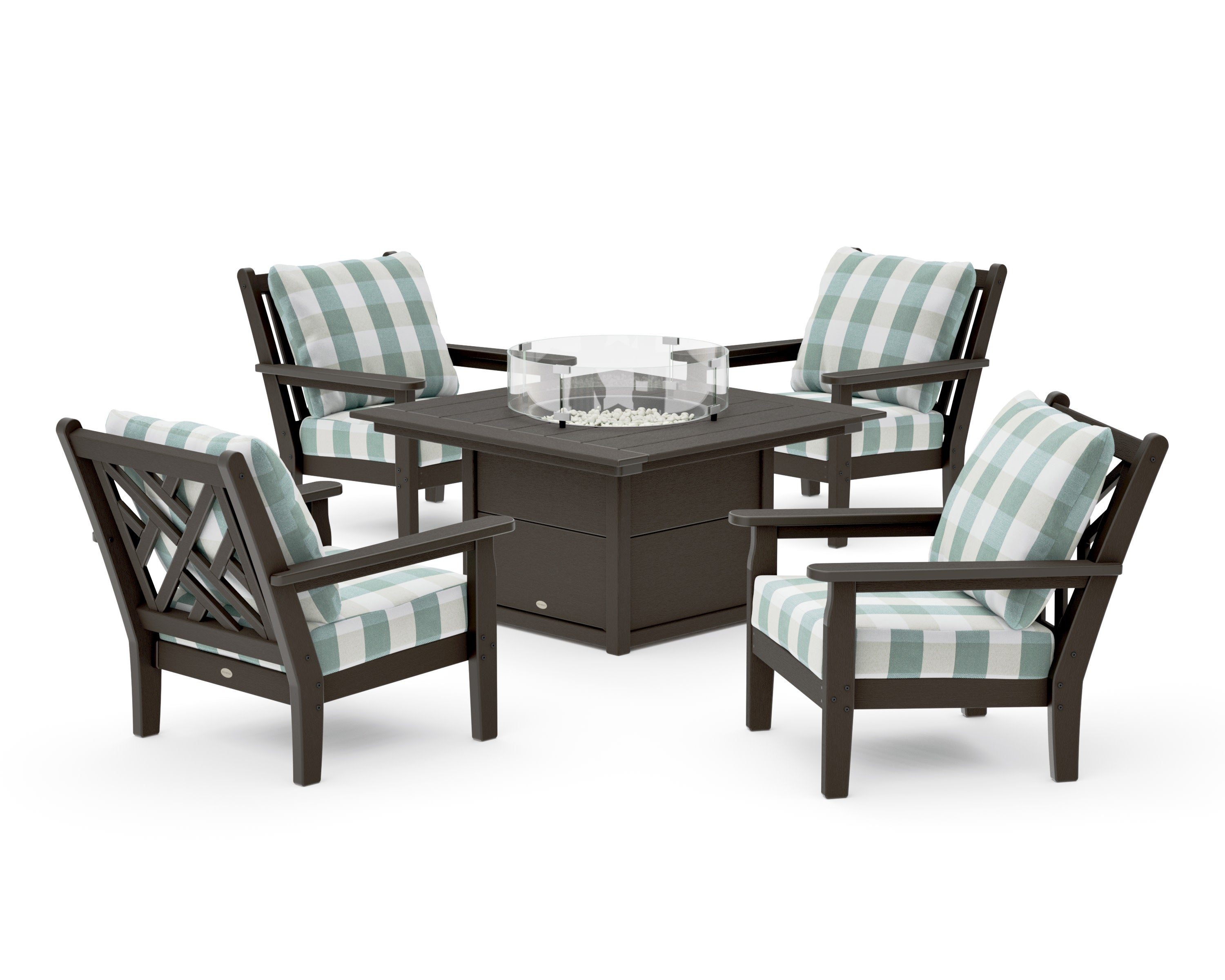 Chippendale 5-Piece Deep Seating Set with Fire Pit Table in Vintage Coffee / Buffalo Plaid Glacier Spa