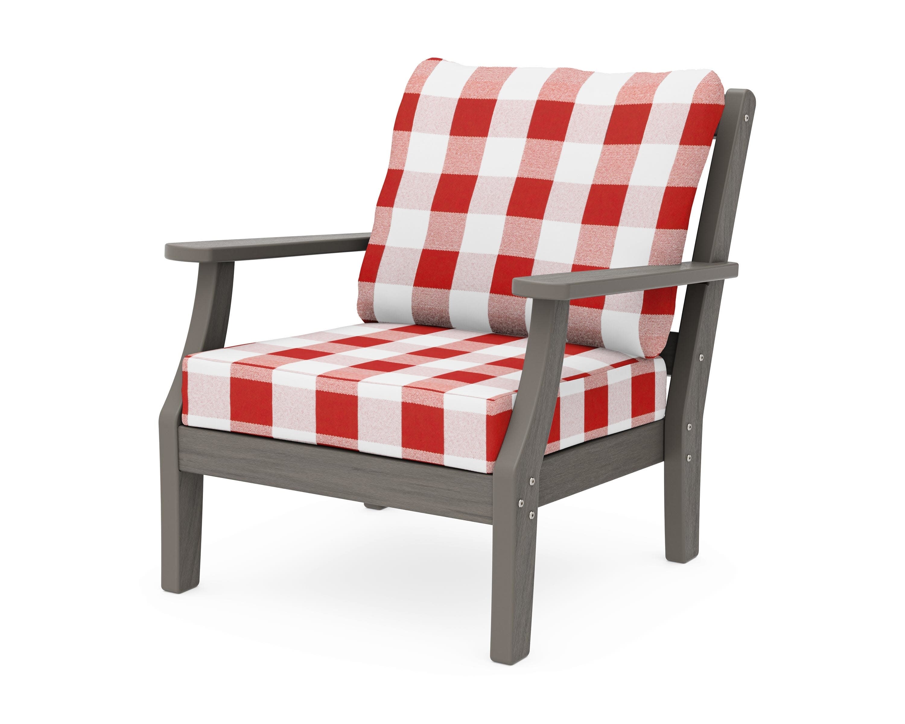 Chinoiserie Deep Seating Chair in Driftwood / Buffalo Plaid Crimson