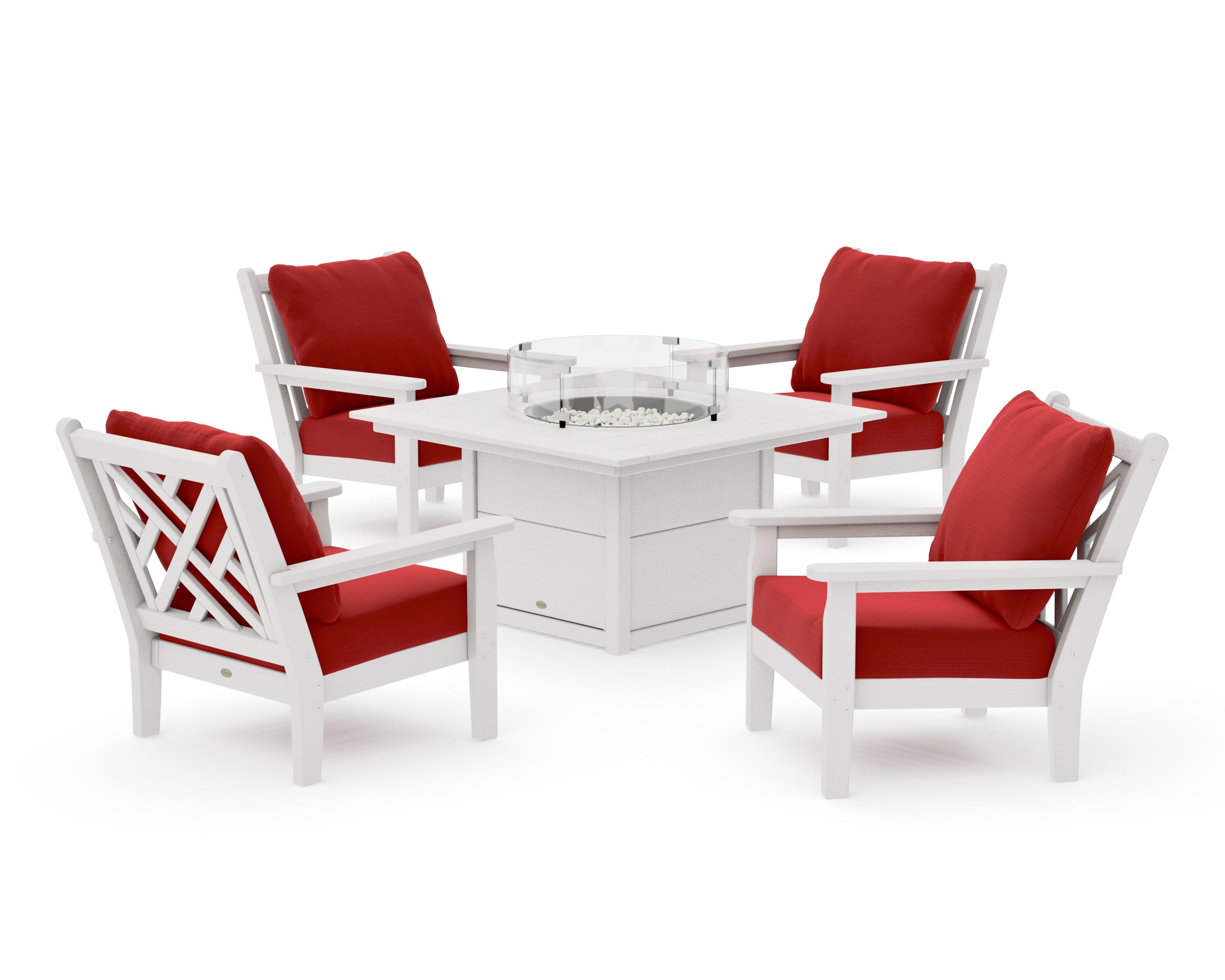 Chippendale 5-Piece Deep Seating Set with Fire Pit Table in Vintage White / Crimson Linen