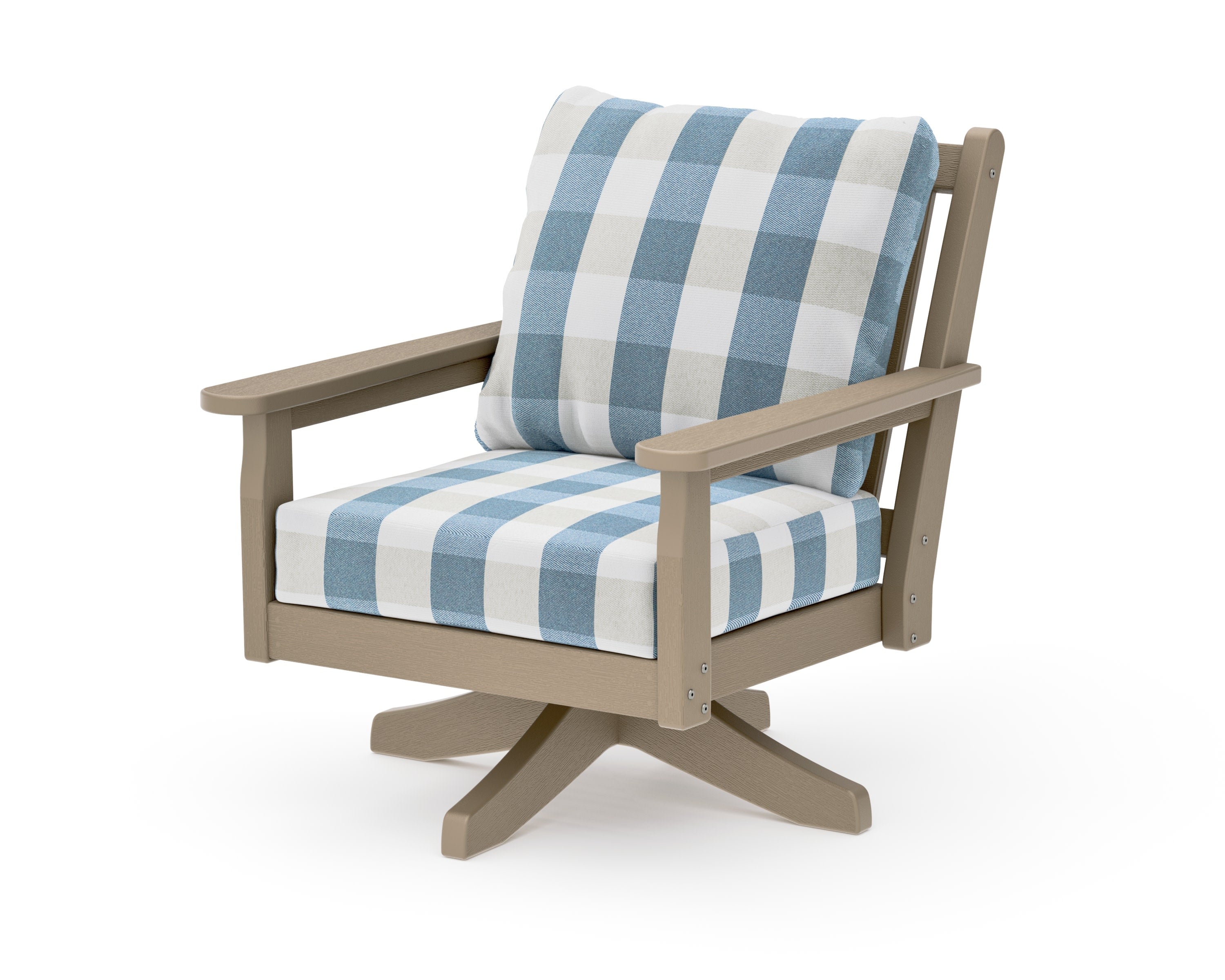 Chippendale Deep Seating Swivel Chair in Vintage Sahara / Buffalo Plaid Sky Blue
