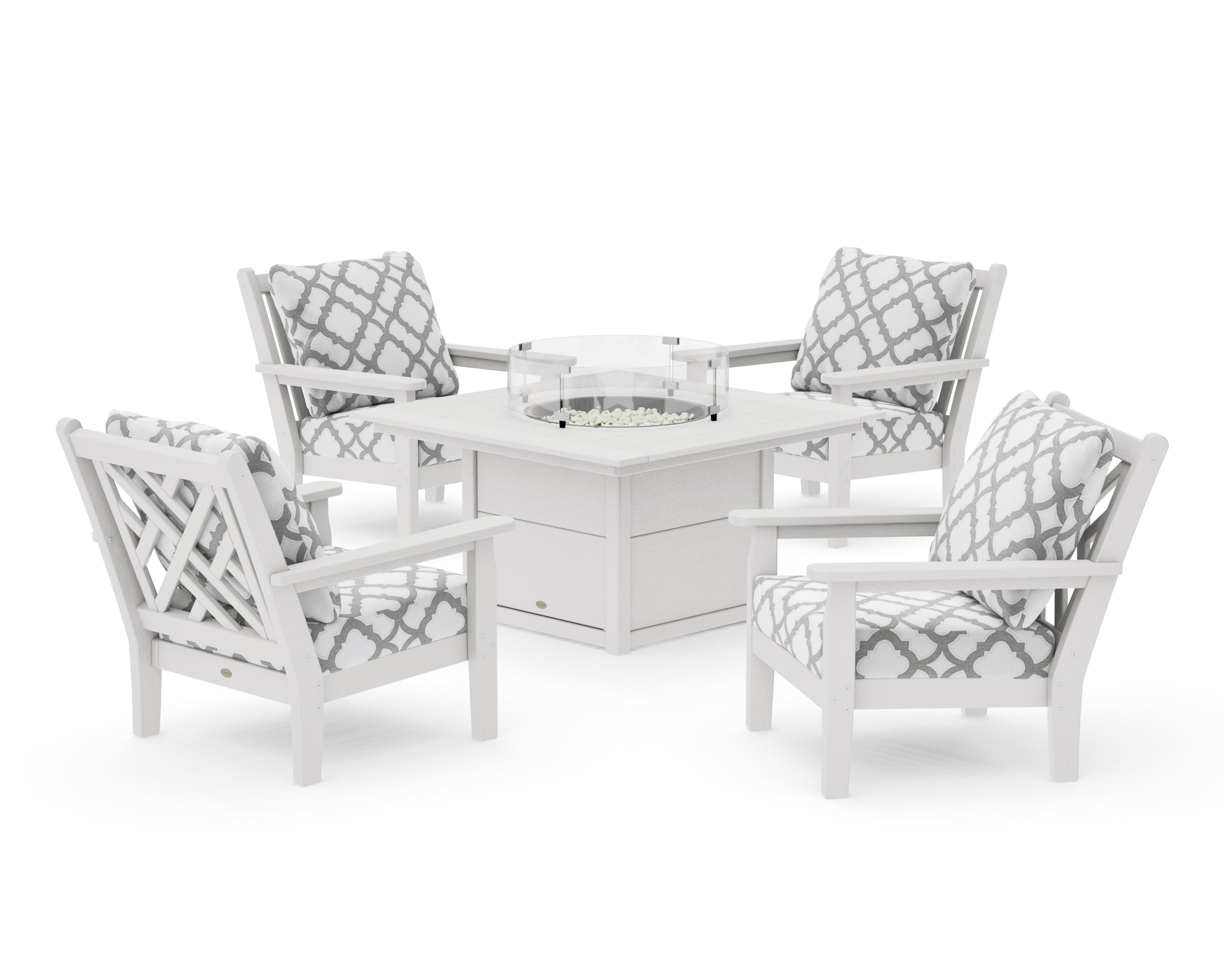 Chippendale 5-Piece Deep Seating Set with Fire Pit Table in Vintage White / Trellis Grey Mist