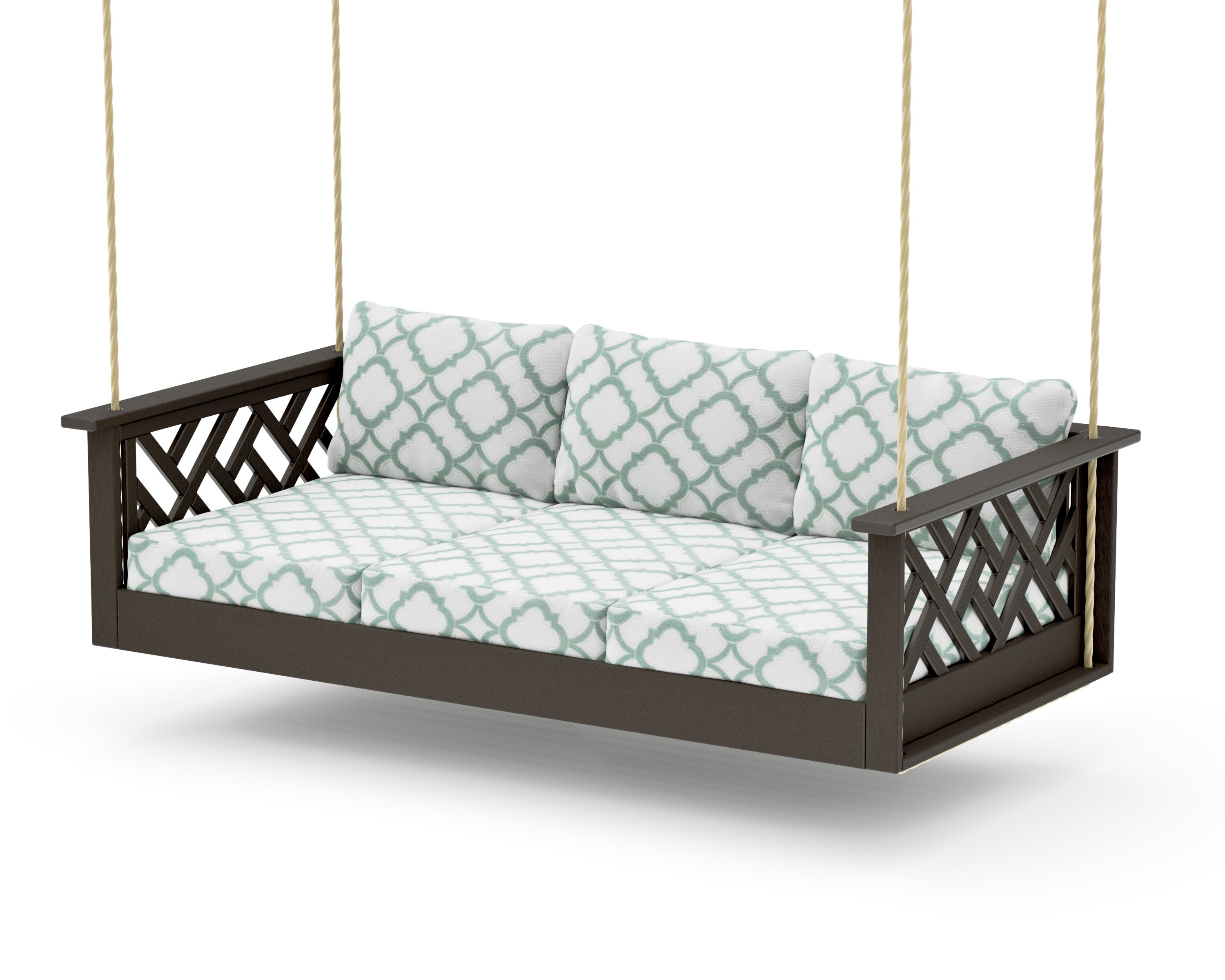 Chippendale Daybed Swing in Vintage Coffee / Trellis Glacier Spa