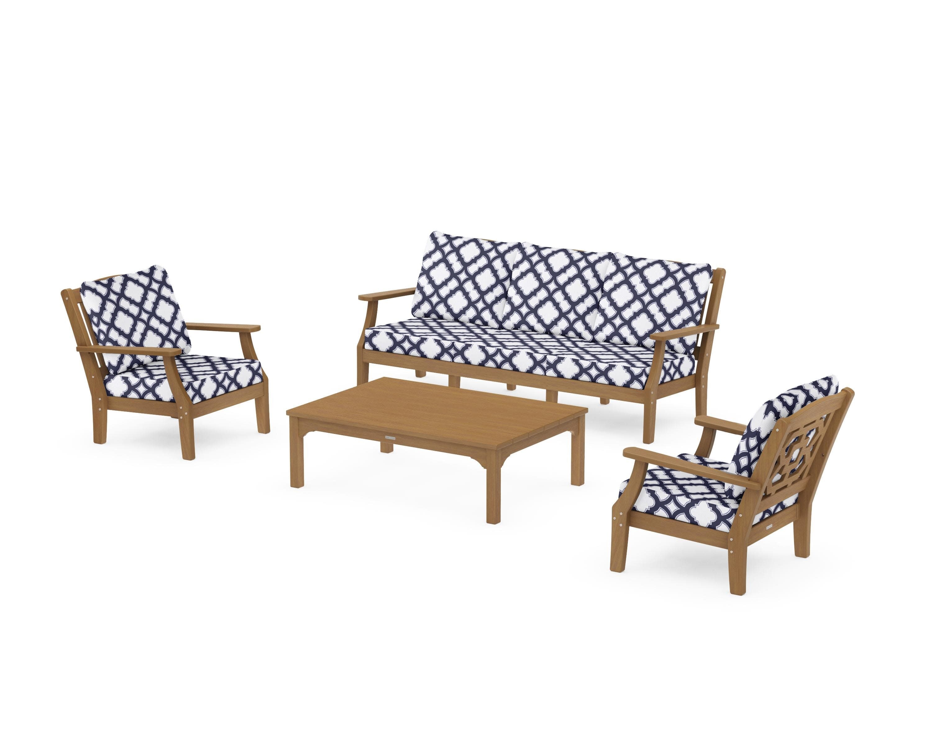 Chinoiserie 4-Piece Deep Seating Set with Sofa in Natural / Trellis Navy