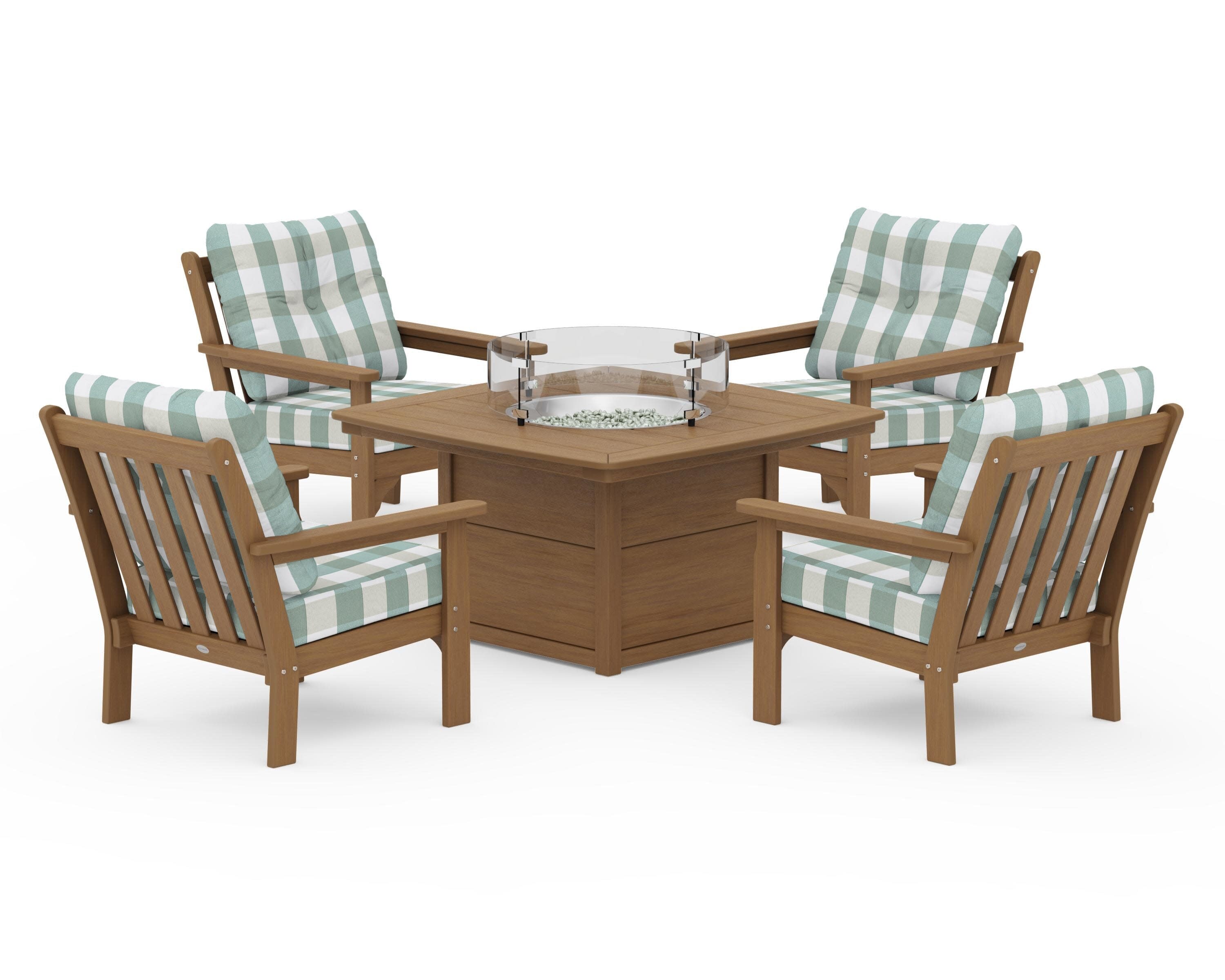 Vineyard 5-Piece Conversation Set with Fire Pit Table in Natural / Buffalo Plaid Glacier Spa
