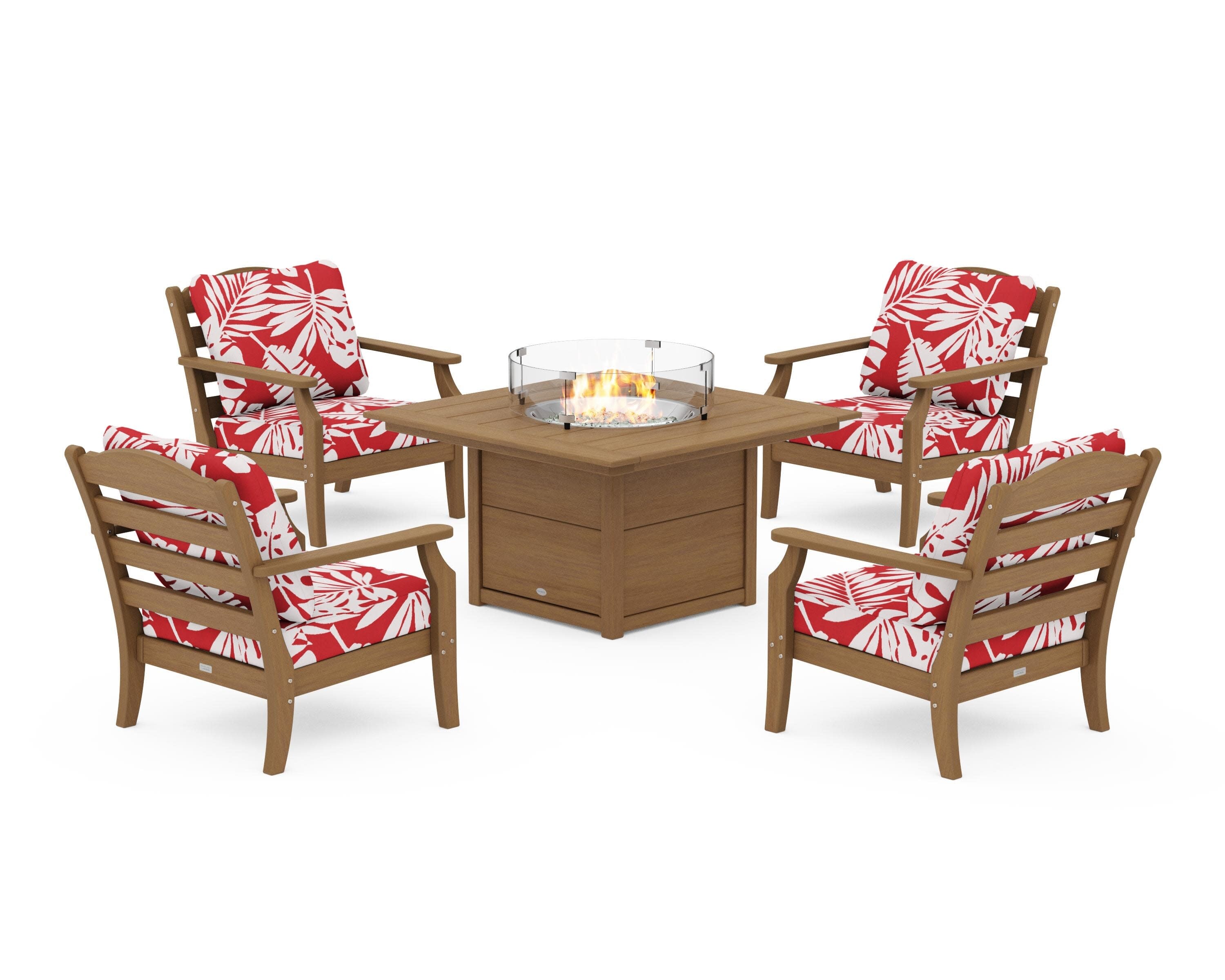 Savannah 5-Piece Deep Seating Set with Fire Pit Table in Natural / Leaf Crimson