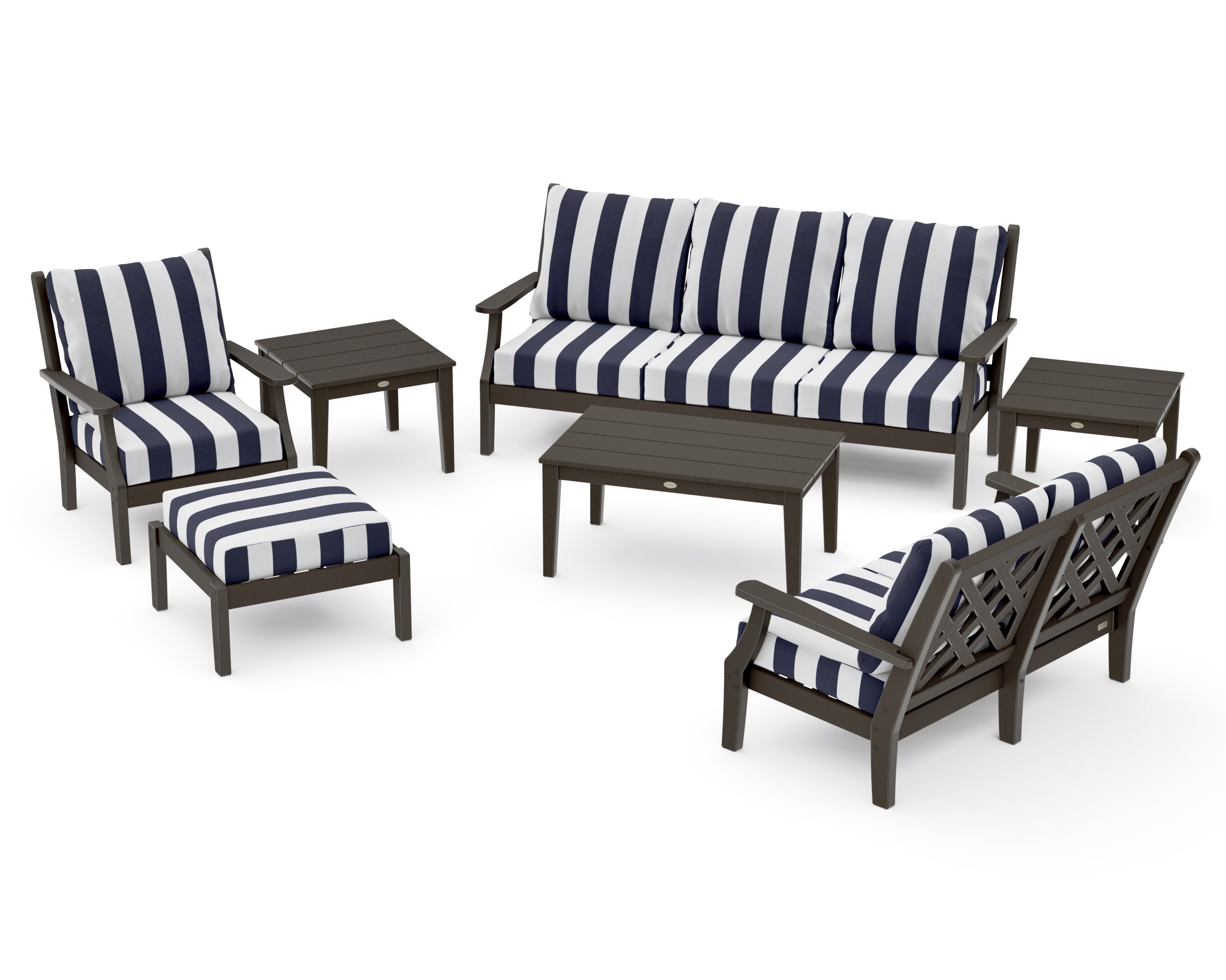 Wovendale 7-Piece Deep Seating Set in Vintage Coffee / Cabana Stripe Navy