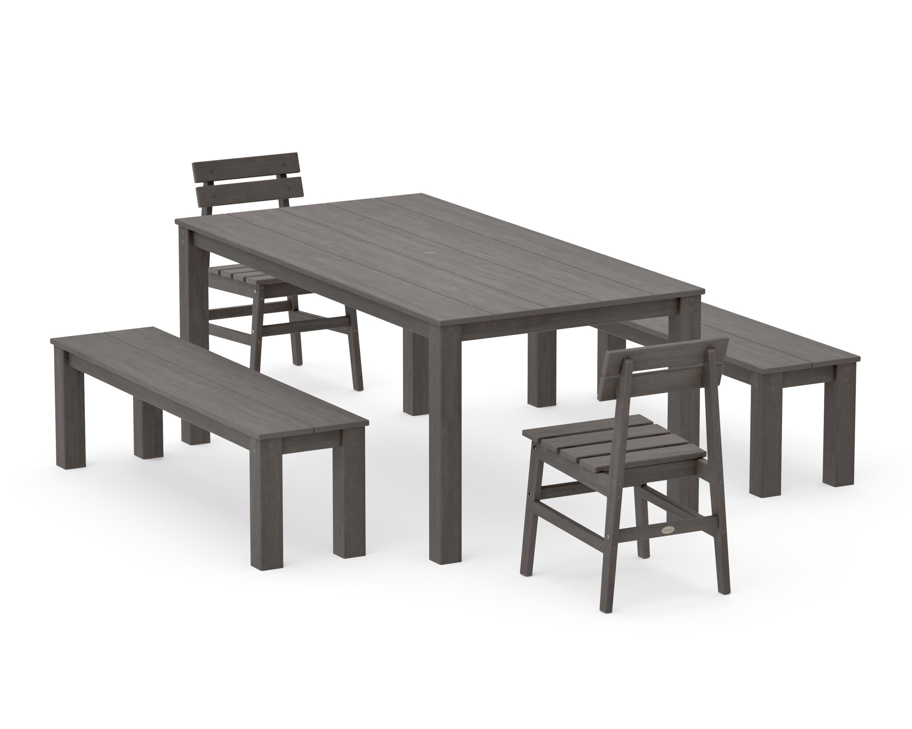 Modern Studio Plaza Chair 5-Piece Parsons Dining Set with Benches in Driftwood