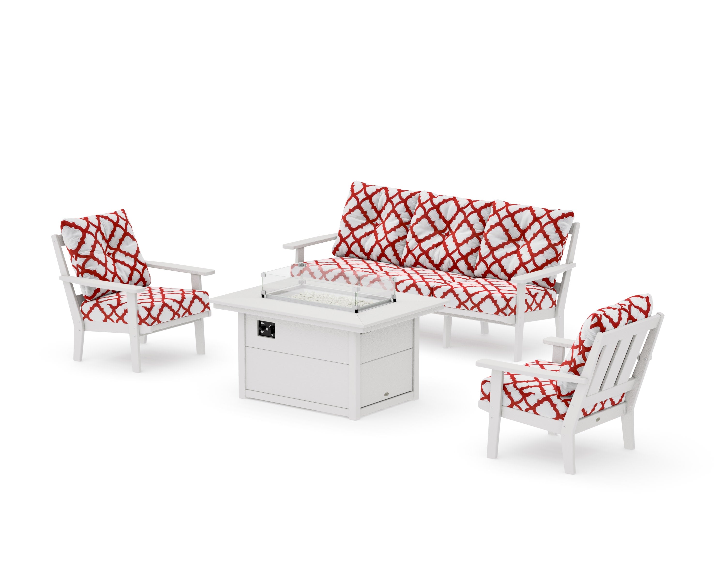 Oxford Deep Seating Fire Pit Table Set in Vintage White / Trellis Crimson