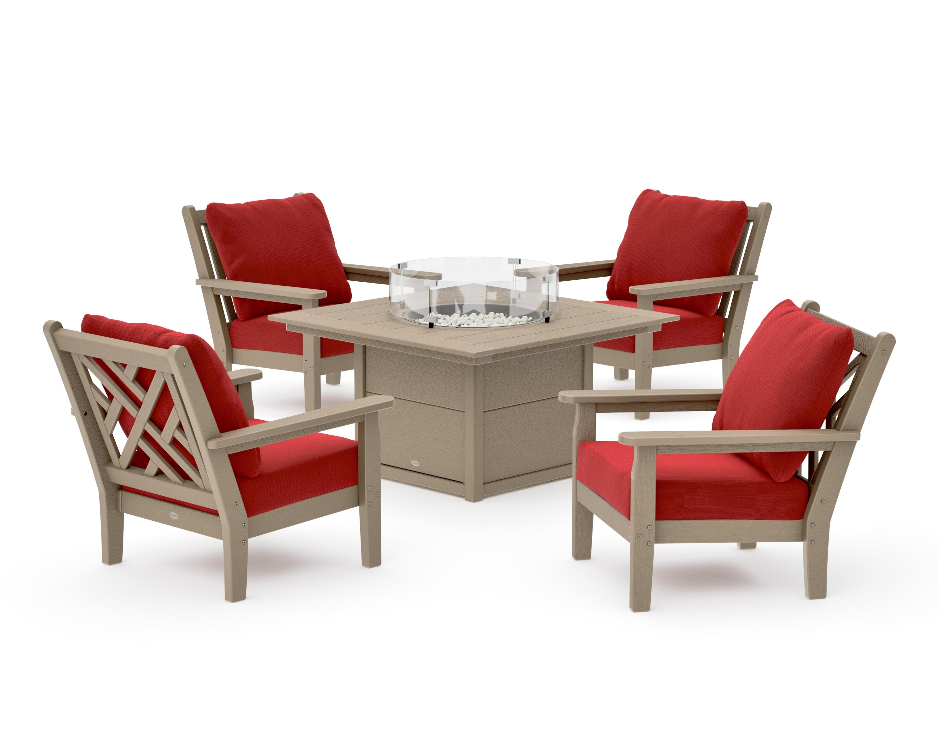 Chippendale 5-Piece Deep Seating Set with Fire Pit Table in Vintage Sahara / Crimson Linen