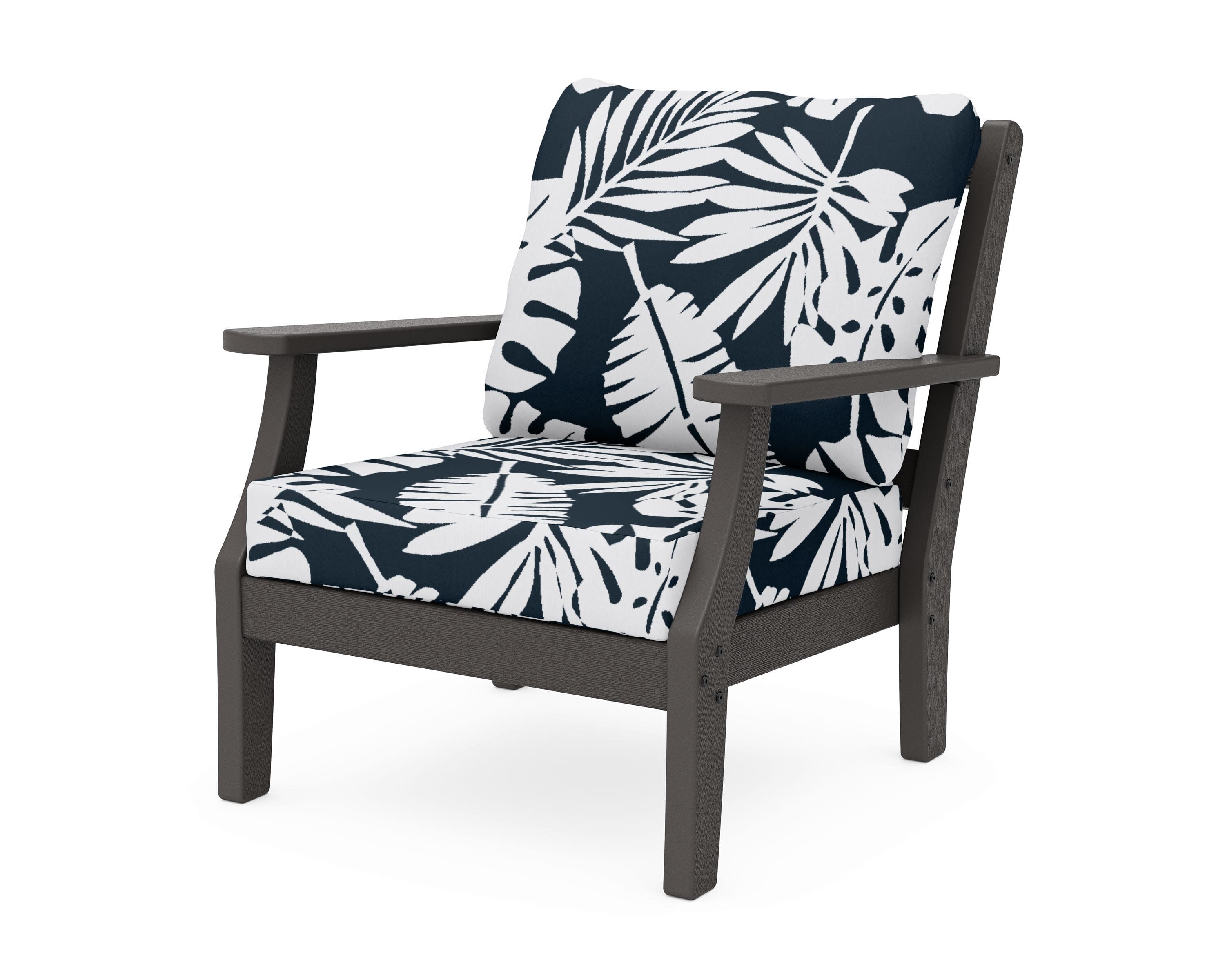 Chinoiserie Deep Seating Chair in Vintage Coffee / Leaf Marine Indigo