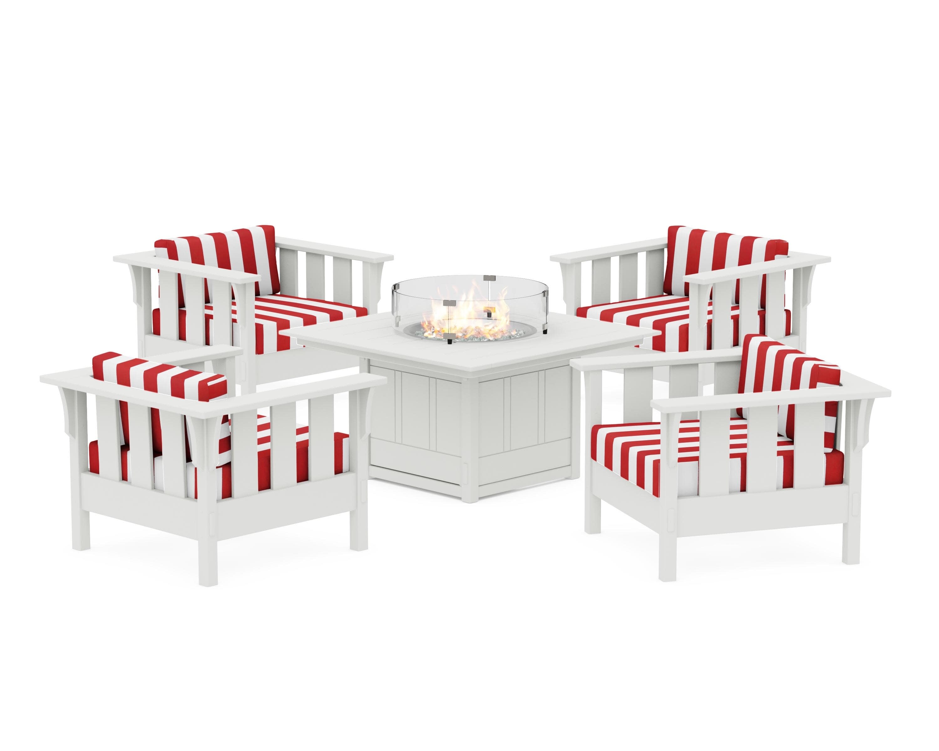 Acadia 5-Piece Deep Seating Set with Fire Pit Table in Vintage White / Cabana Stripe Crimson