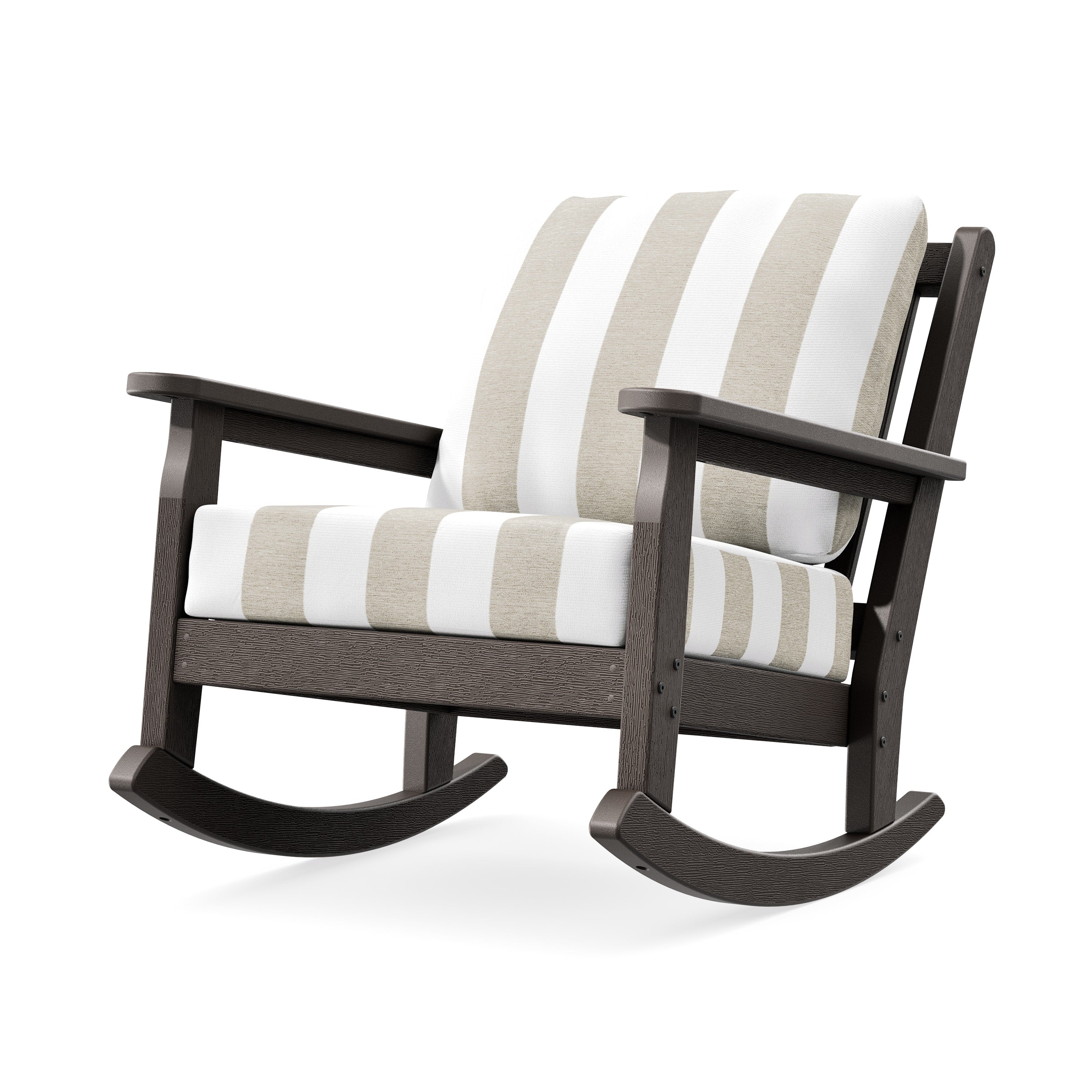 Chippendale Deep Seating Rocking Chair in Vintage Coffee / Cabana Stripe Dune Burlap