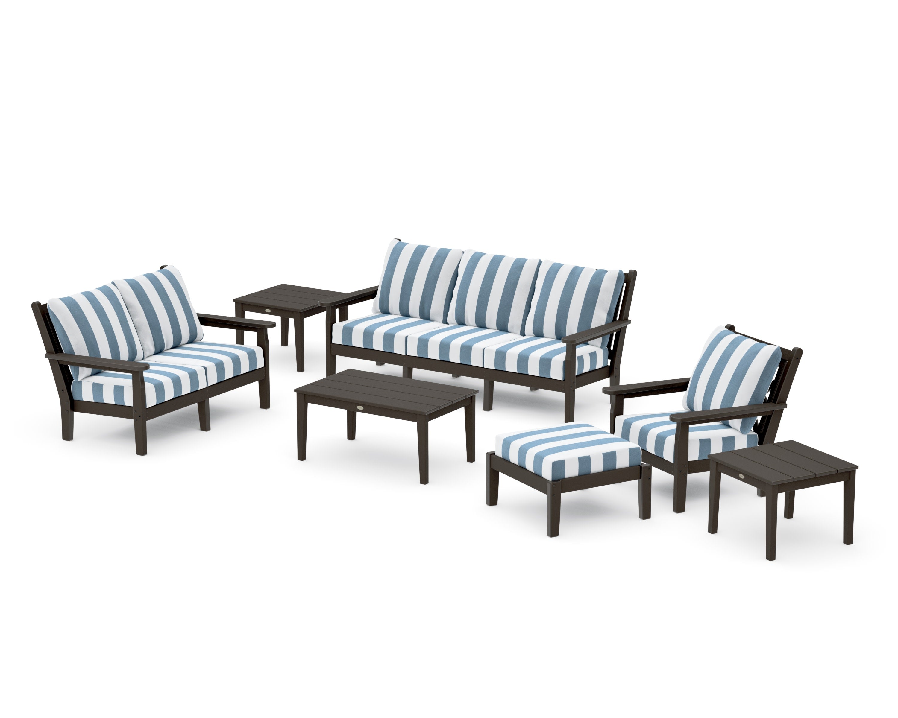 Chippendale 7-Piece Deep Seating Set in Vintage Coffee / Cabana Stripe Sky Blue