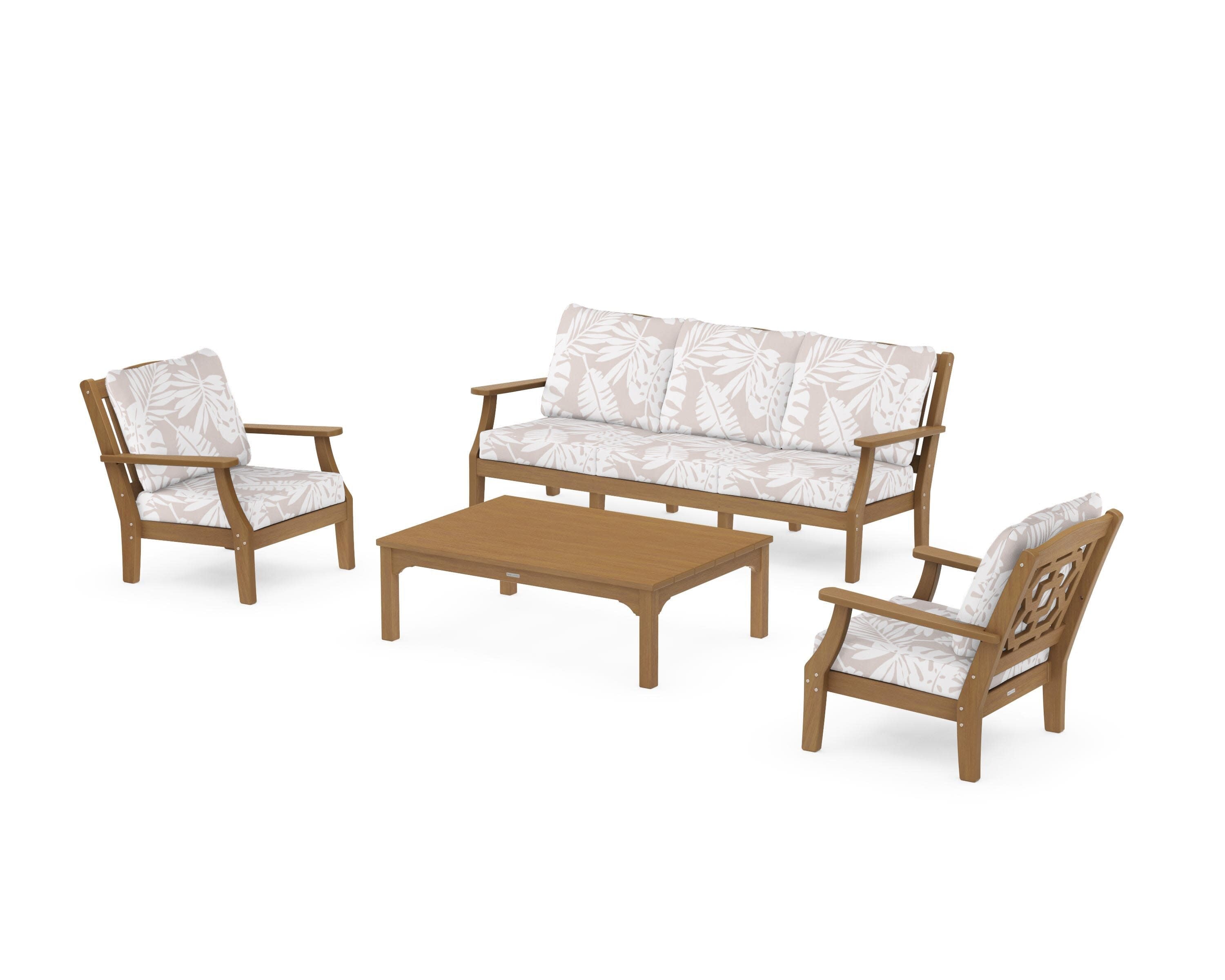 Chinoiserie 4-Piece Deep Seating Set with Sofa in Natural / Leaf Dune Burlap