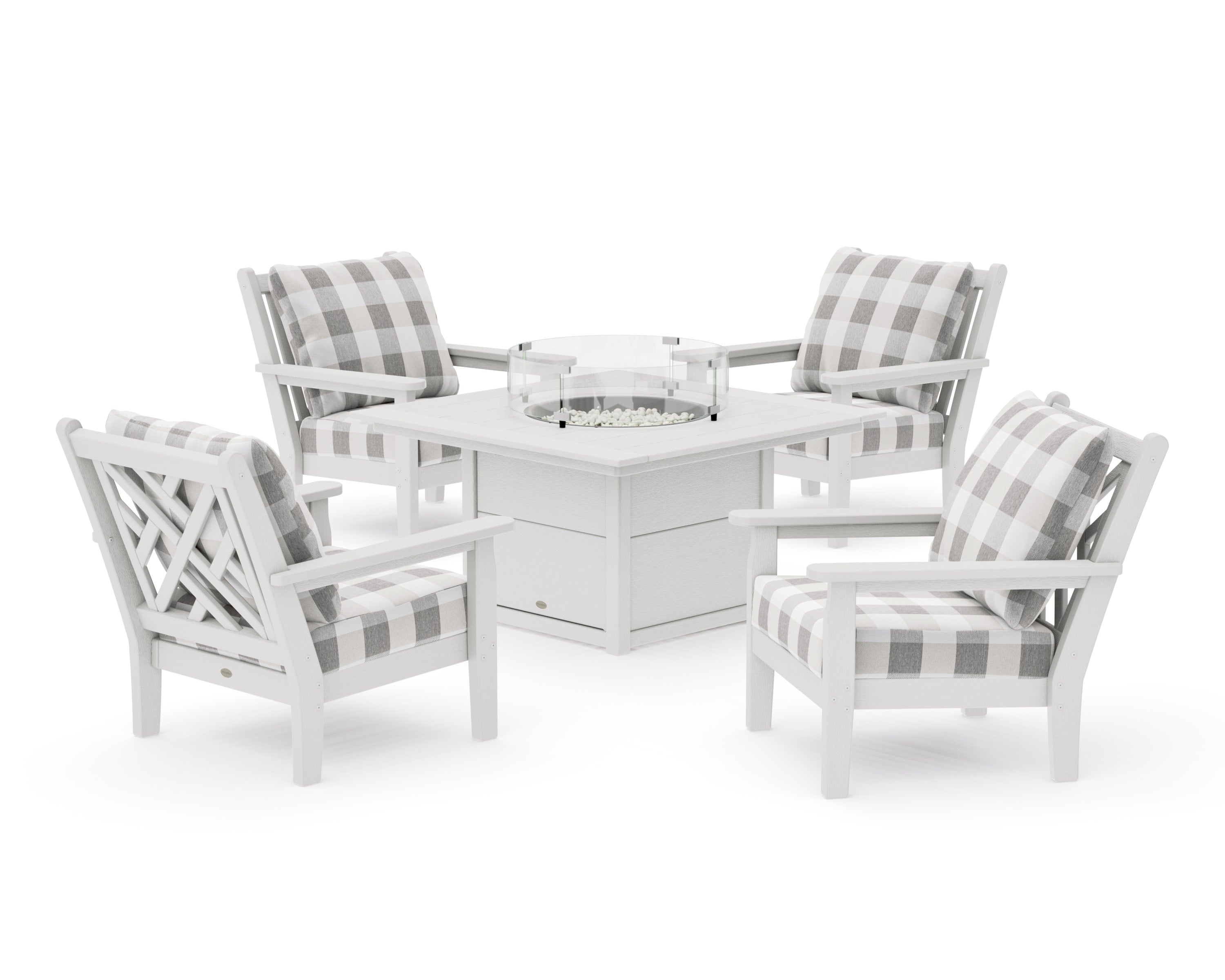 Chippendale 5-Piece Deep Seating Set with Fire Pit Table in Vintage White / Buffalo Plaid Grey Mist