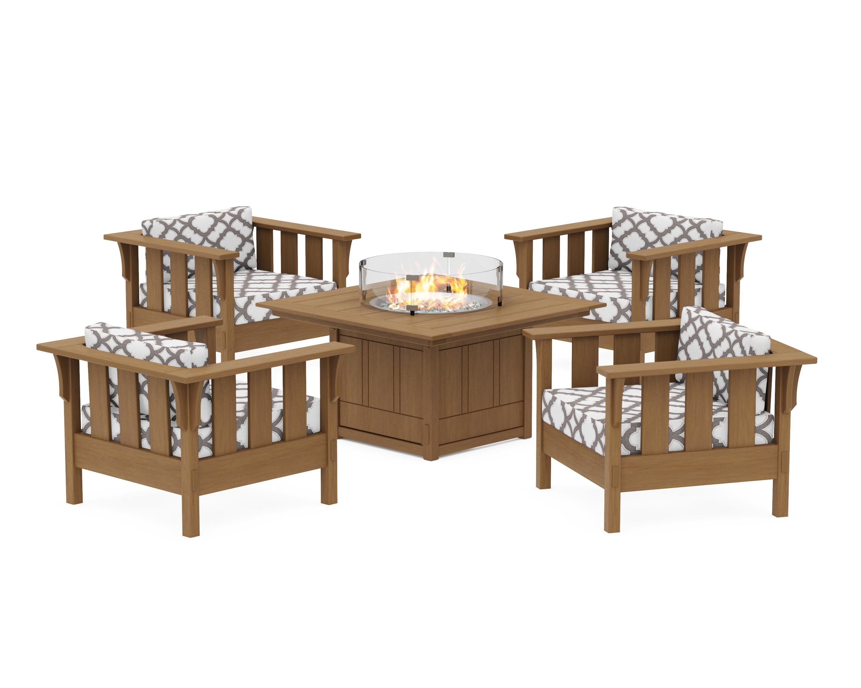 Acadia 5-Piece Deep Seating Set with Fire Pit Table in Natural / Trellis Grey Mist