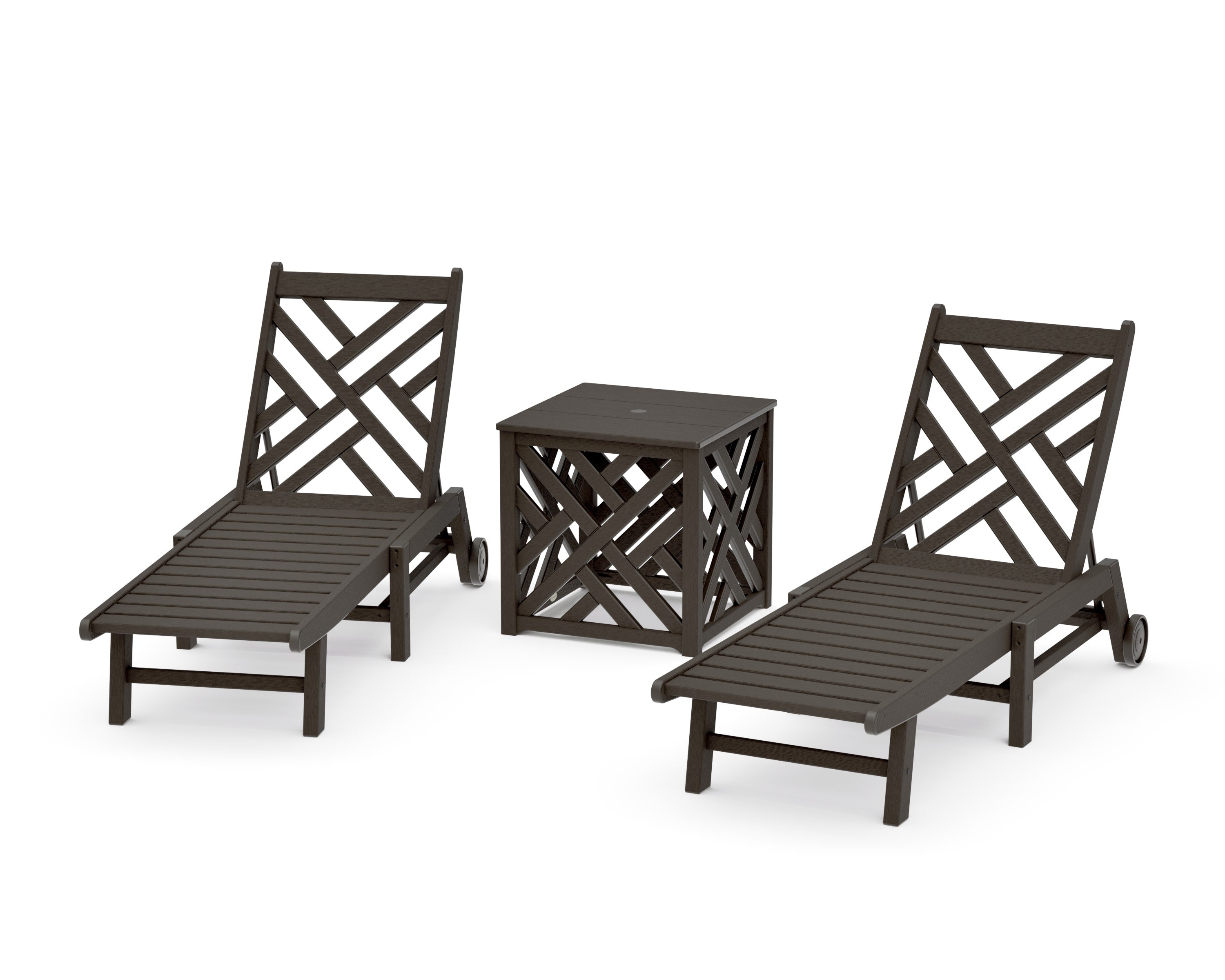 Chippendale 3-Piece Chaise Set with Wheels and Umbrella Stand Accent Table in Vintage Coffee