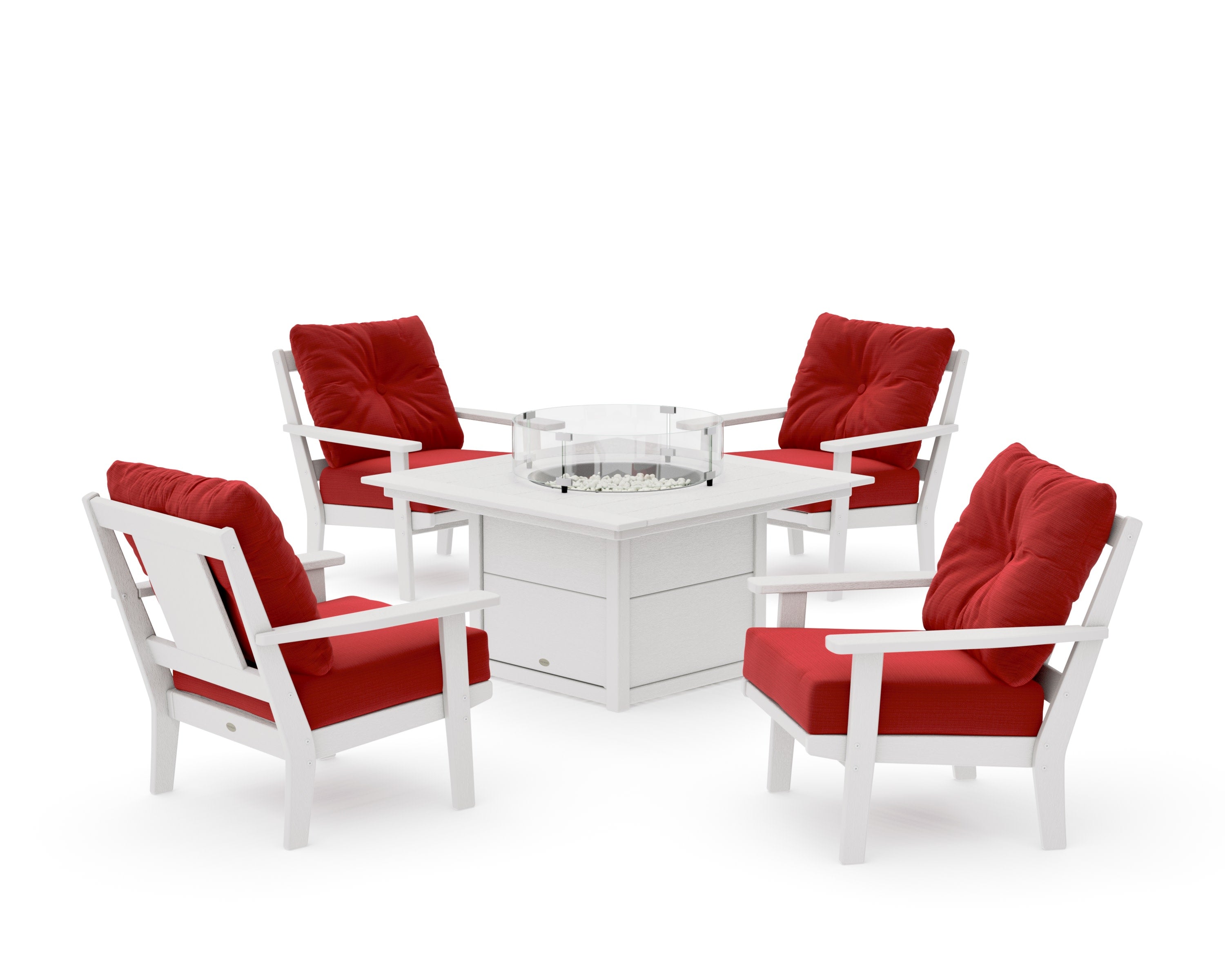 Prairie 5-Piece Deep Seating Set with Fire Pit Table in Vintage White / Crimson Linen