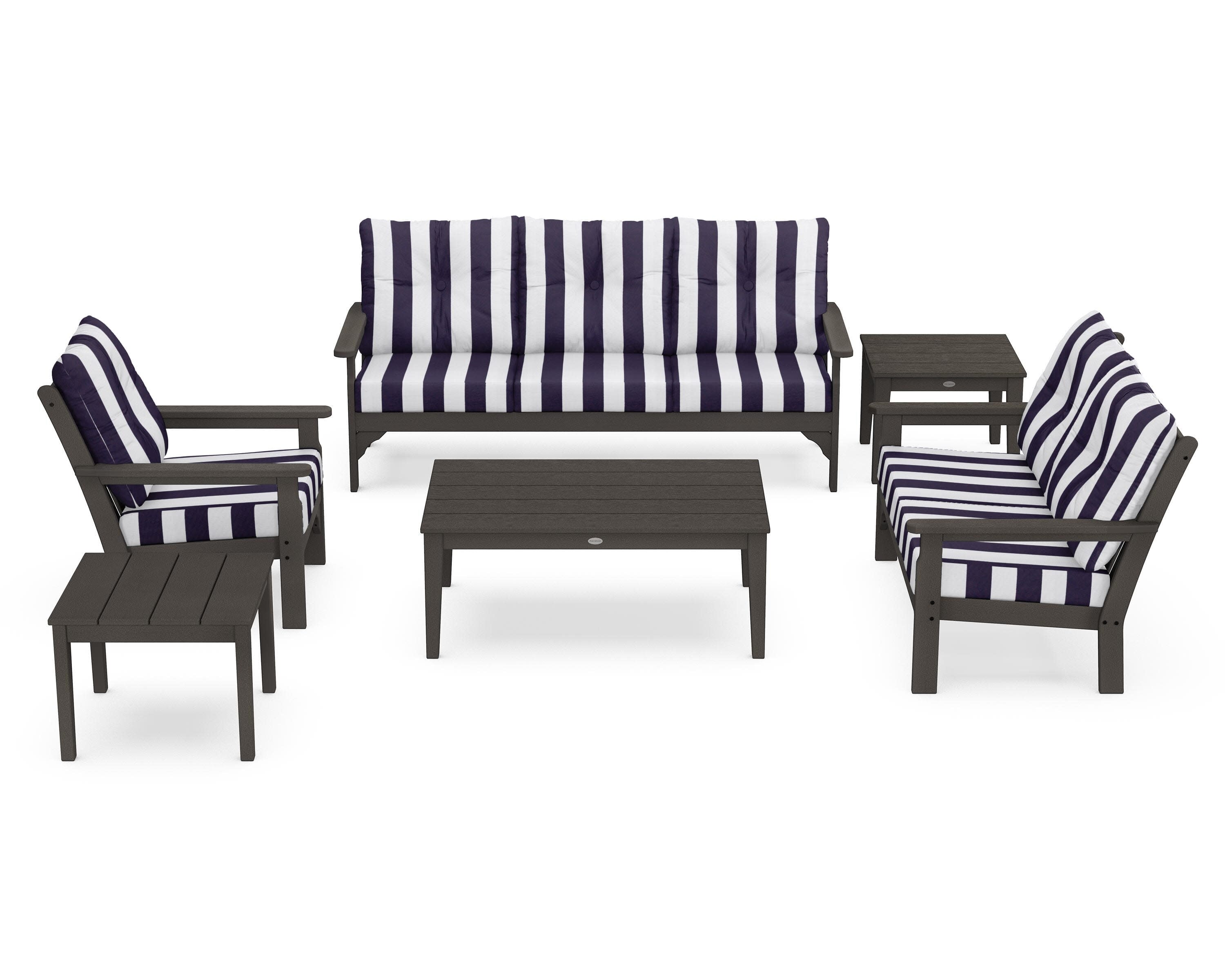 Vineyard 6-Piece Deep Seating Set in Vintage Coffee / Cabana Stripe Navy