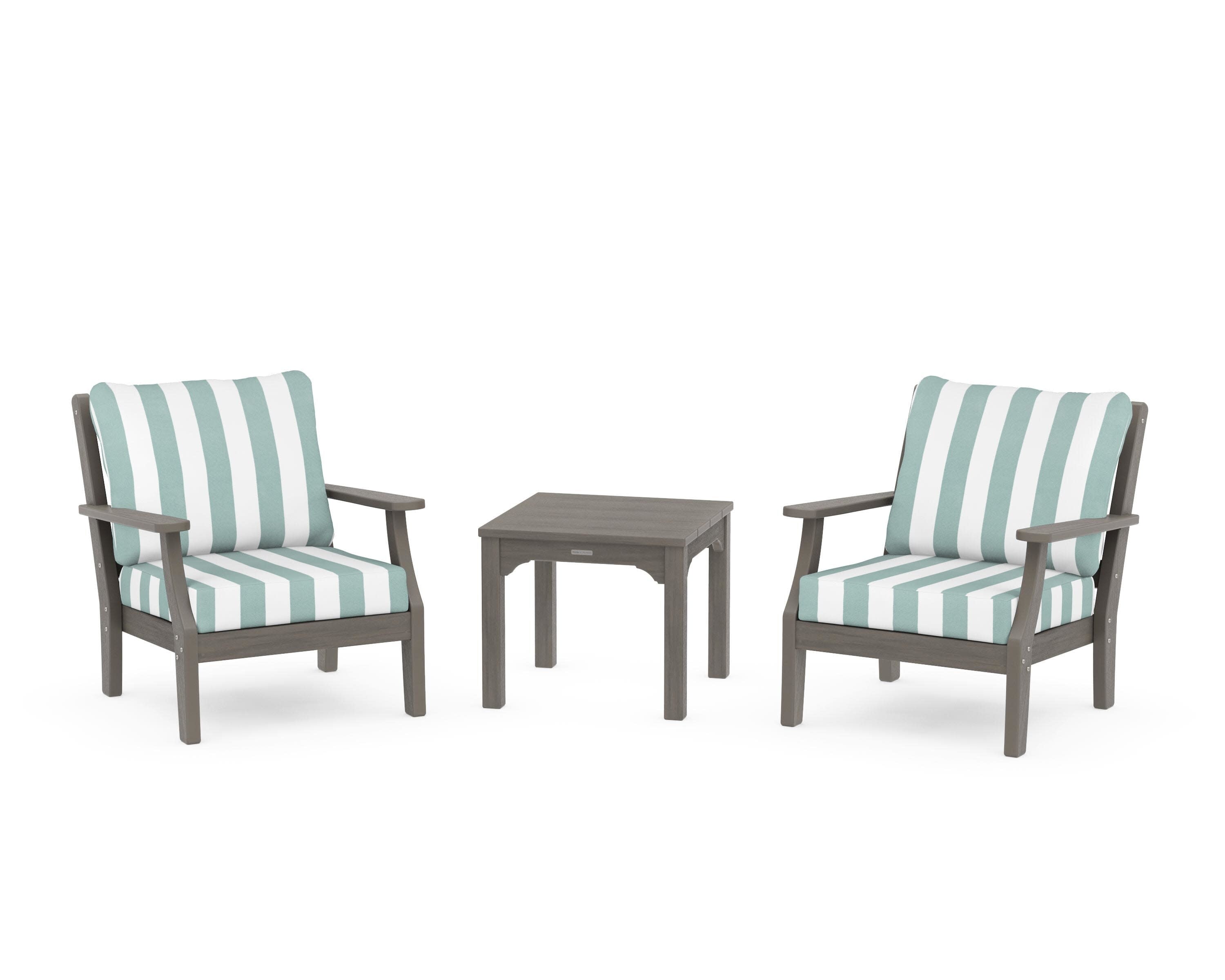 Chinoiserie 3-Piece Deep Seating Set in Driftwood / Cabana Stripe Glacier Spa