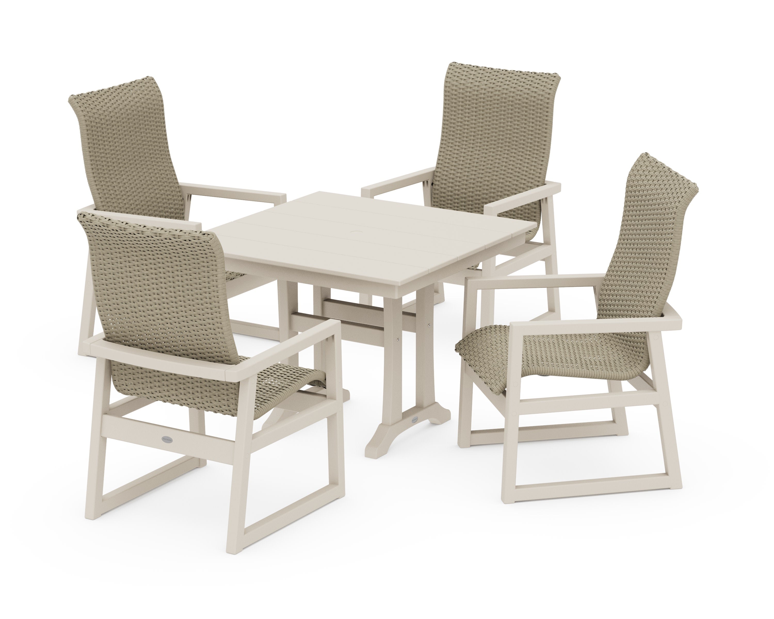 EDGE Woven Highback 5-Piece Farmhouse Dining Set with Trestle Legs in Sand / Dune Grass